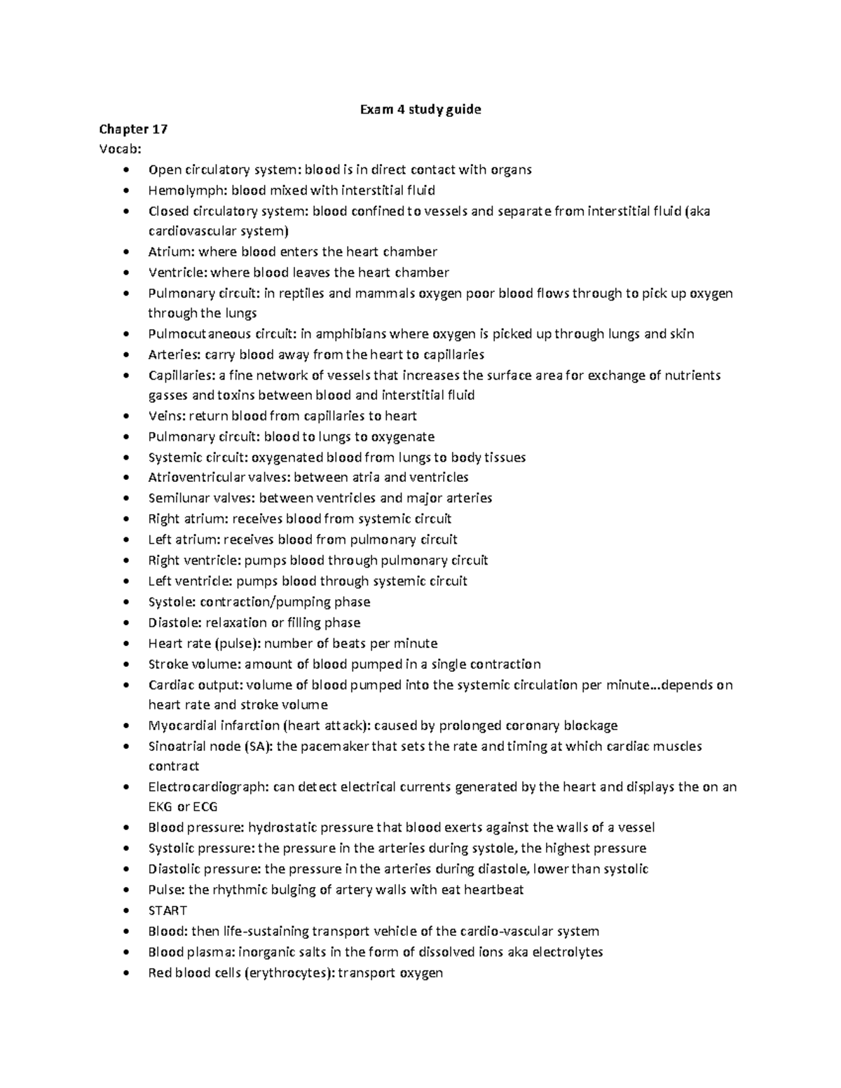 Biol 102 Exam 4 Study Guide: Circulatory and Respiratory Systems - Studocu