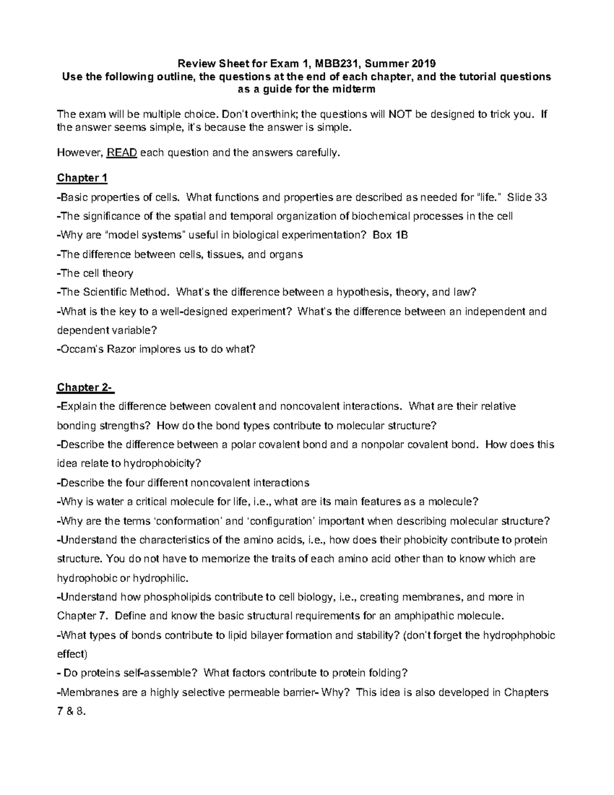 Exam 1 Review Sheet for MBB231 - Summer 2019 - Studocu