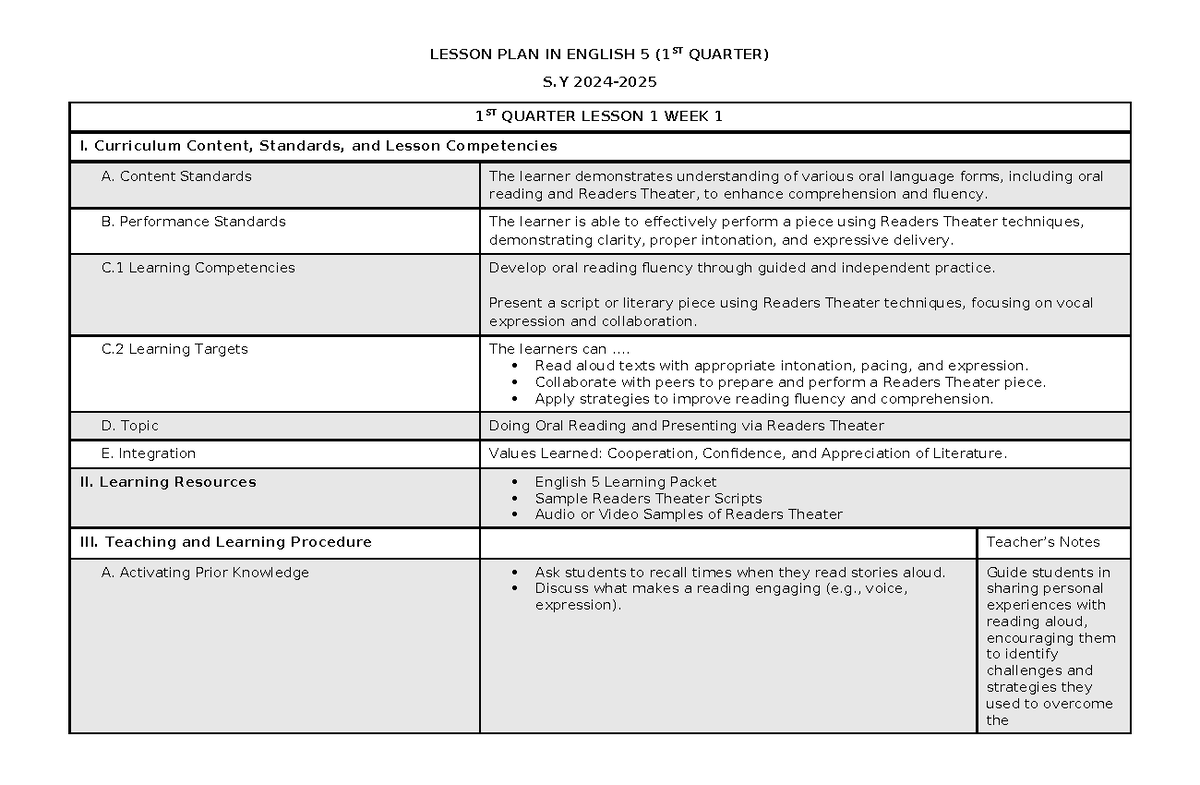 Lesson Plan for English 5 (1st Quarter) - Weeks 1 to 6 - Studocu