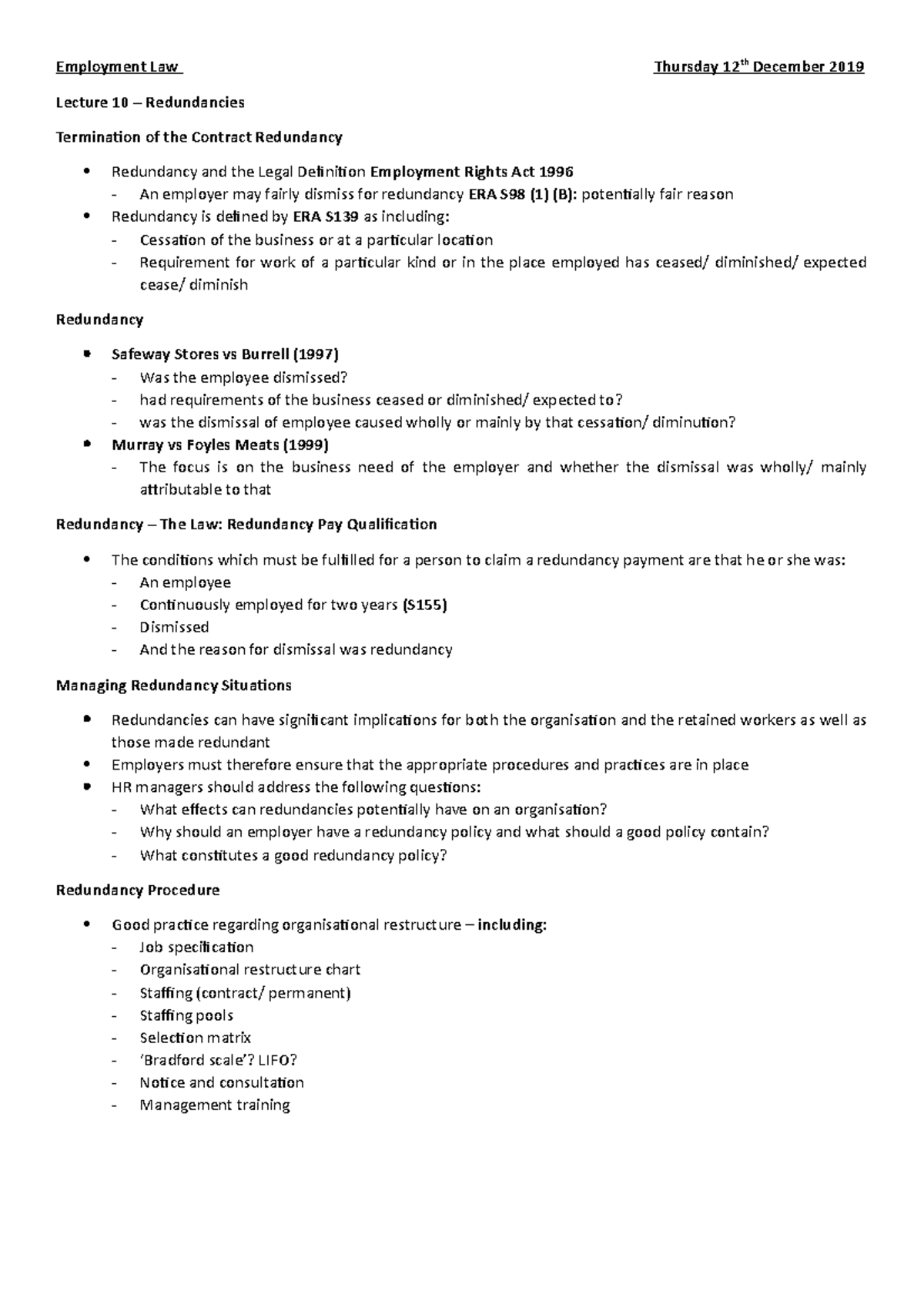 Employment Law Lecture 10 Notes - Employment Law Thursday 12 th ...