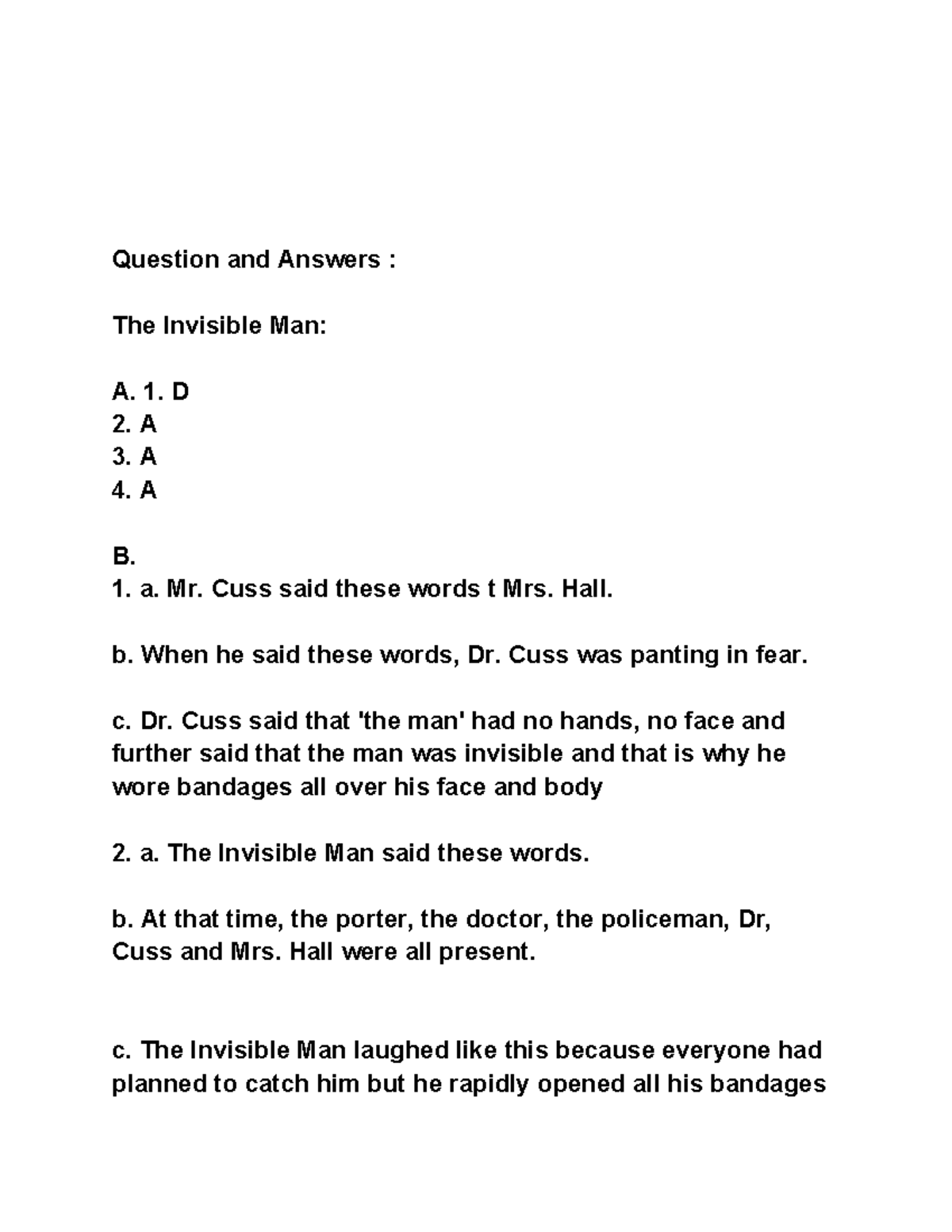 Q&A for Chapter 3 of The Invisible Man - Ace with Aster Lit Course ...