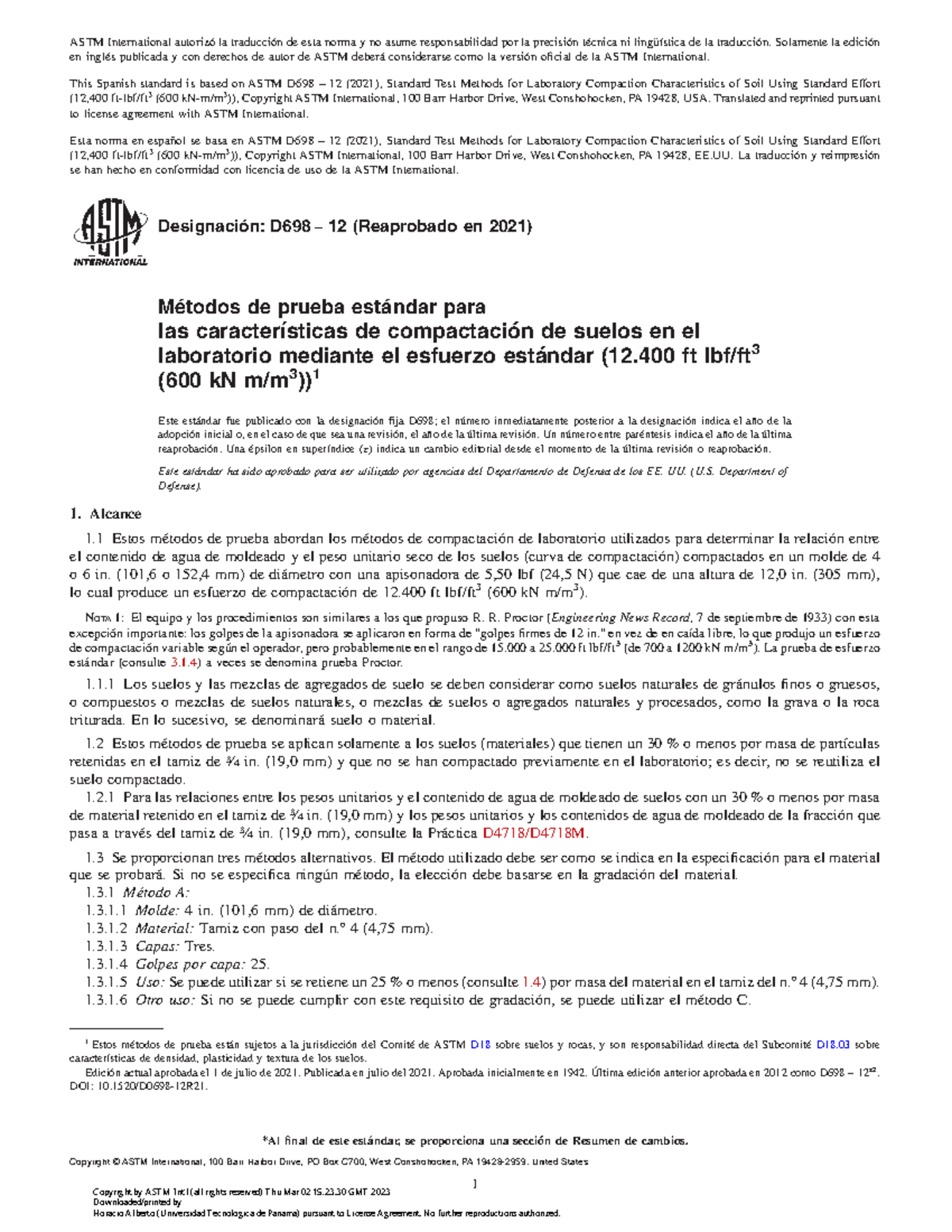 Métodos de Prueba Estándar ASTM D698-12 para Compactación de Suelos - Document Preview