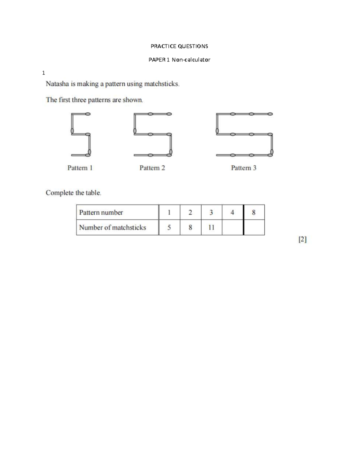 Practice Questions Paper 1 - Matchstick Patterns & Frequencies - Studocu