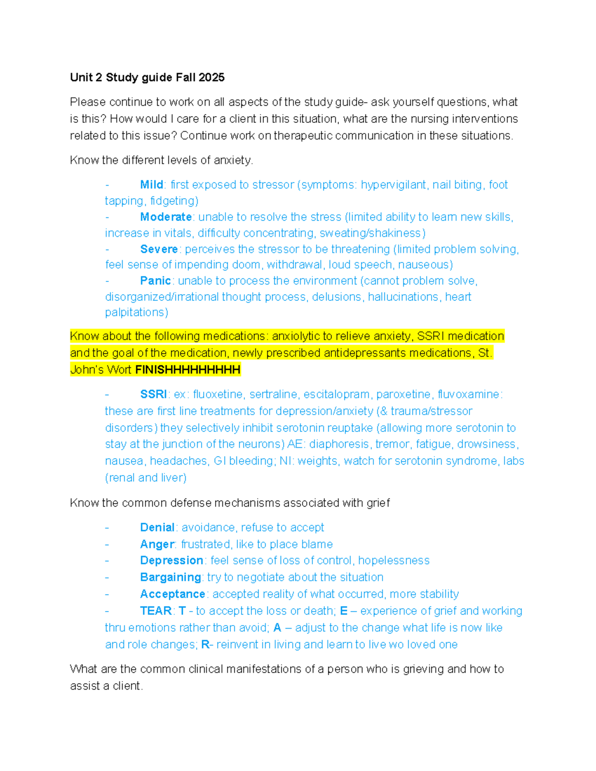 Unit 2 Study Guide: Mental Health Nursing Interventions (Fall 2025 ...