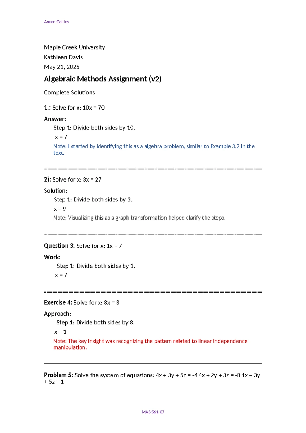 MAT 446-H: Algebraic Equations Problem Set Solutions and Steps - Studocu