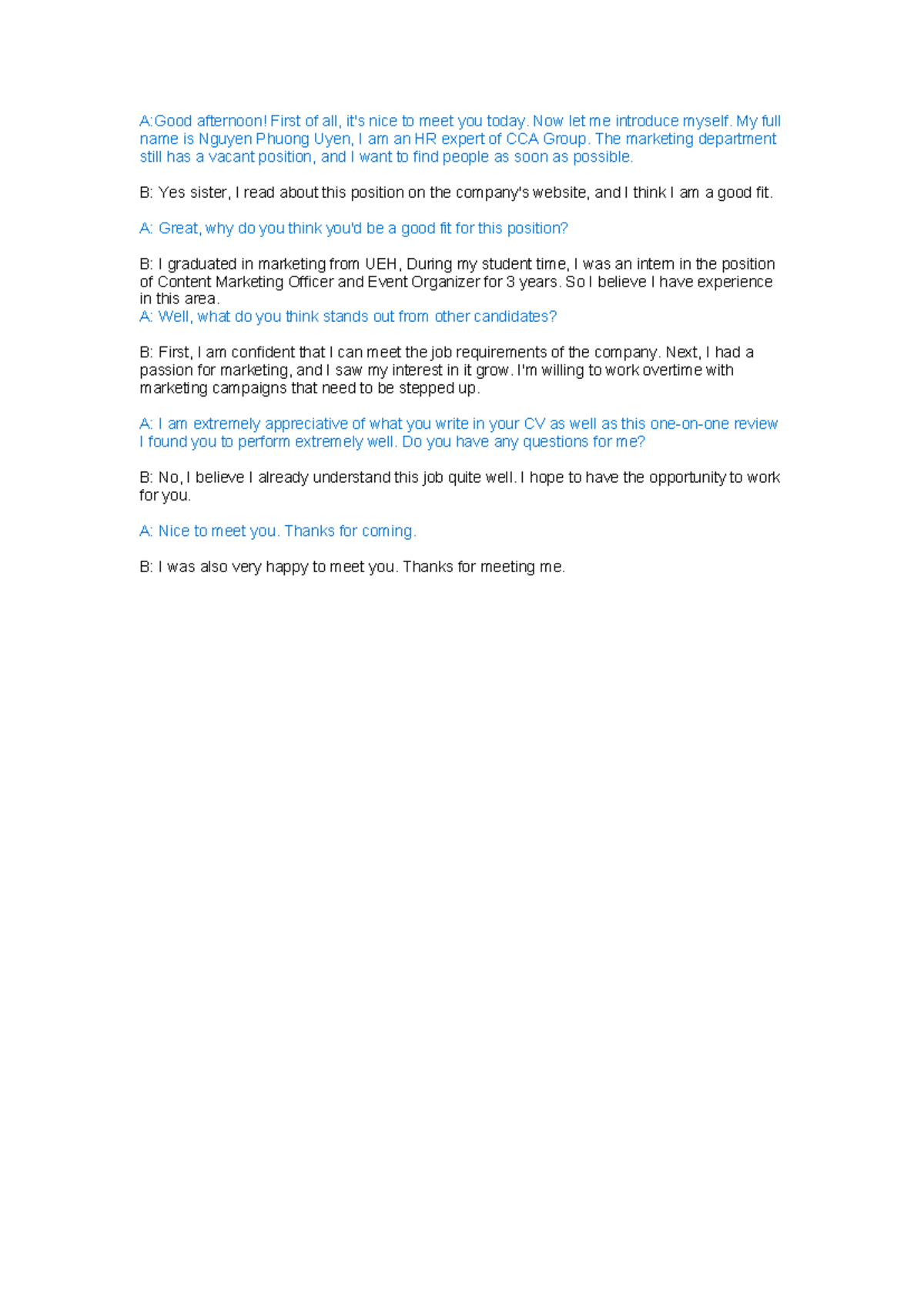 Speaking UNIT 2: Job Interview Roleplay Script - tatq - Studocu