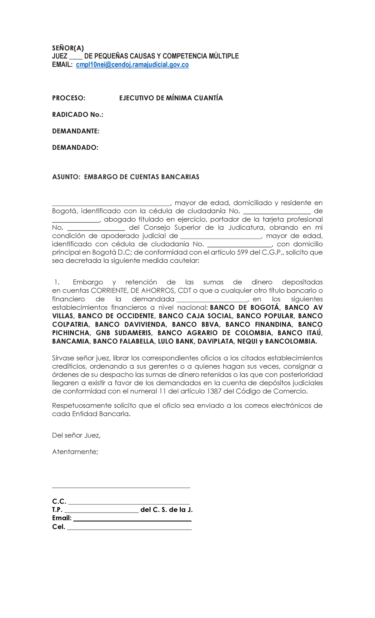 Solicitud de Medida Cautelar - Proceso Ejecutivo Mínima Cuantía - Document Preview