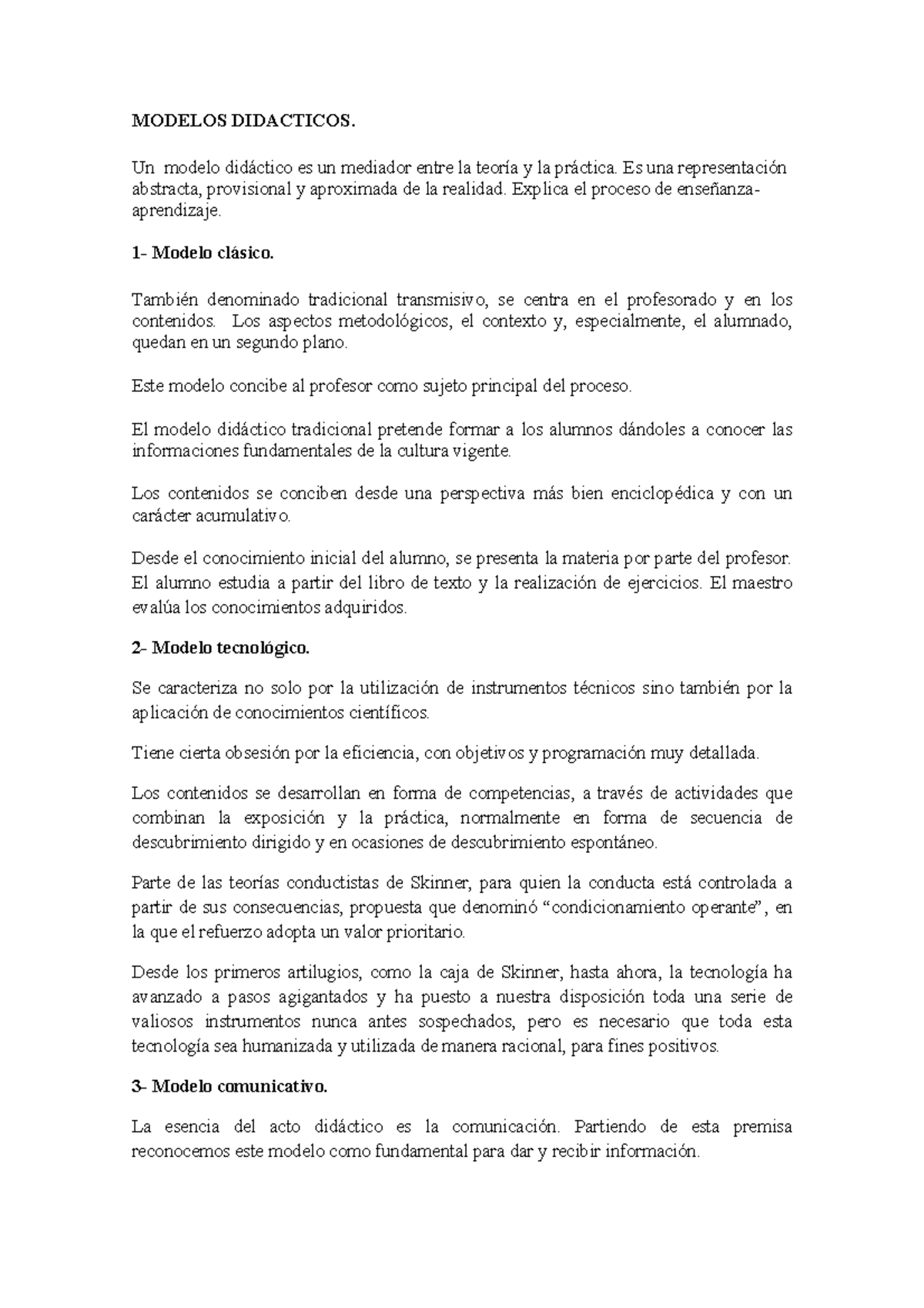 Modelos Didácticos: Análisis de Enfoques Clásico, Tecnológico, Comunicativo y Constructivista - Document Preview
