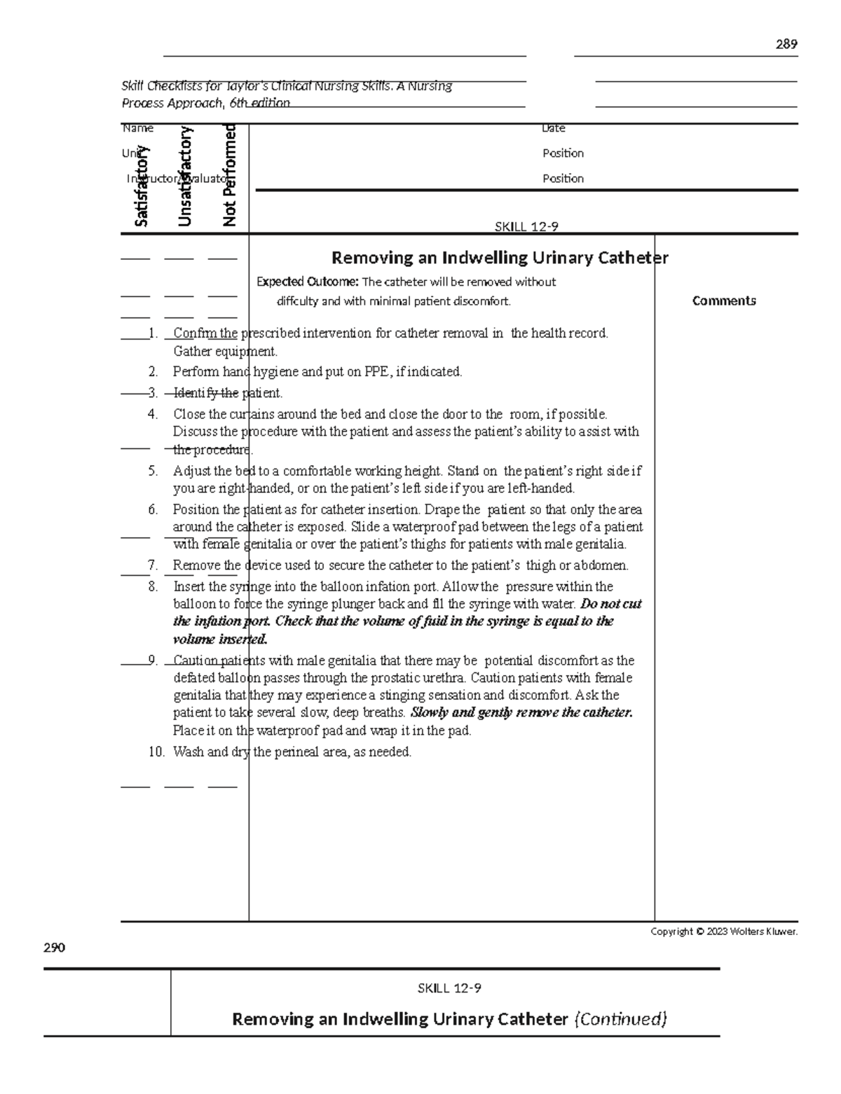 289 Clinical Nursing Skills: Catheter Removal Procedure Guide - Studocu
