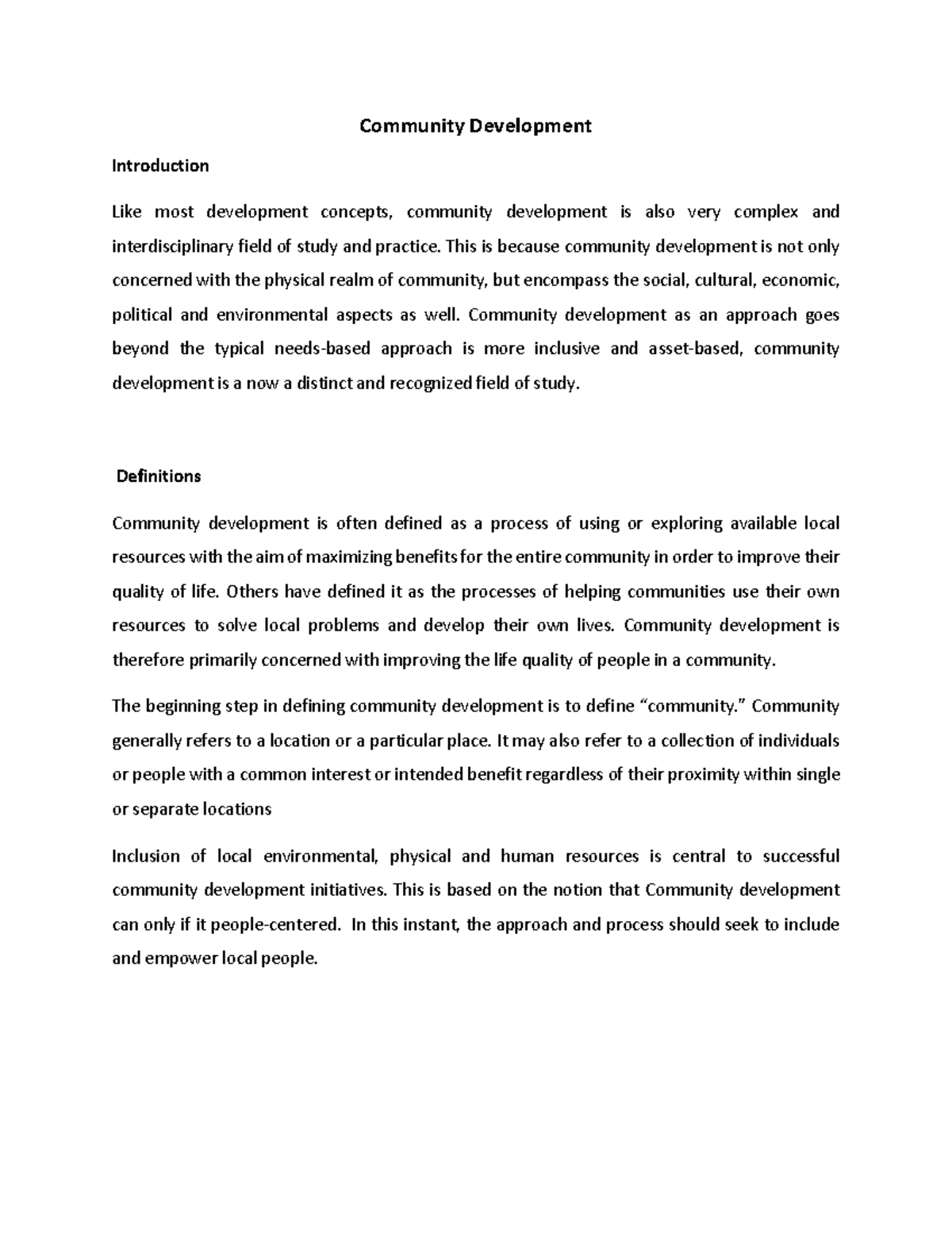 Community Development Introduction: Concepts and Processes - Studocu