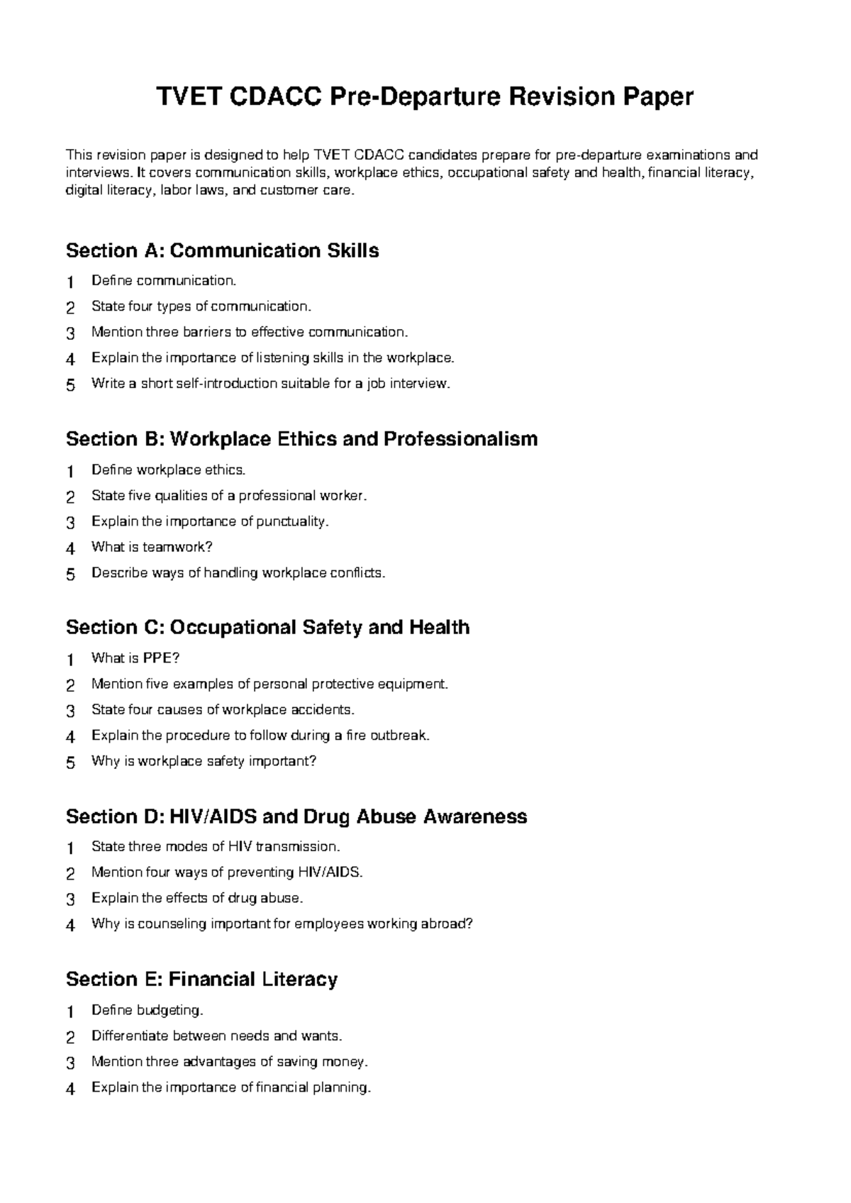 TVET CDACC Pre-Departure Revision Guide for Candidates - Studocu