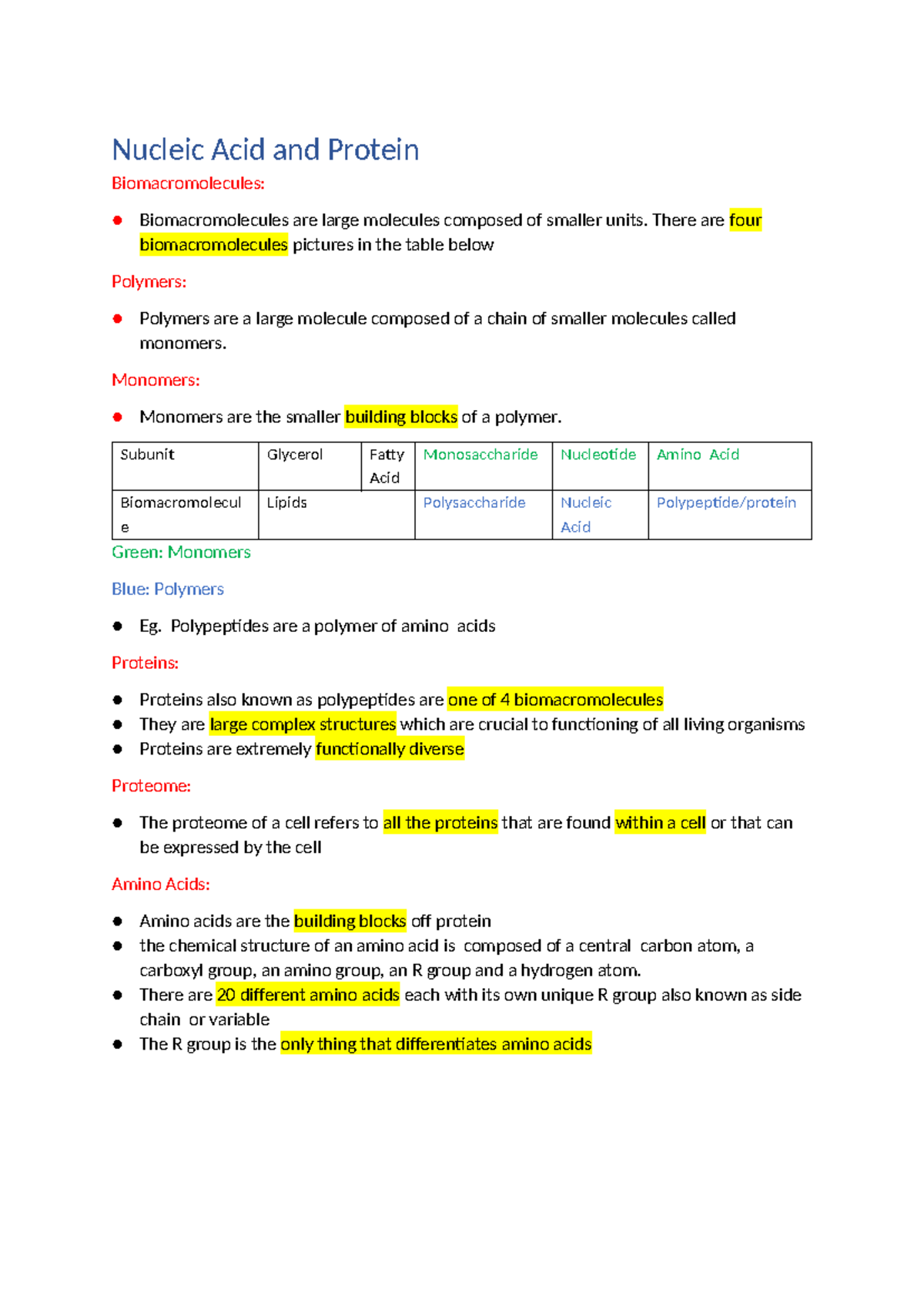 Nucleic Acid and Protein Biology Notes (BIO 101) - Studocu
