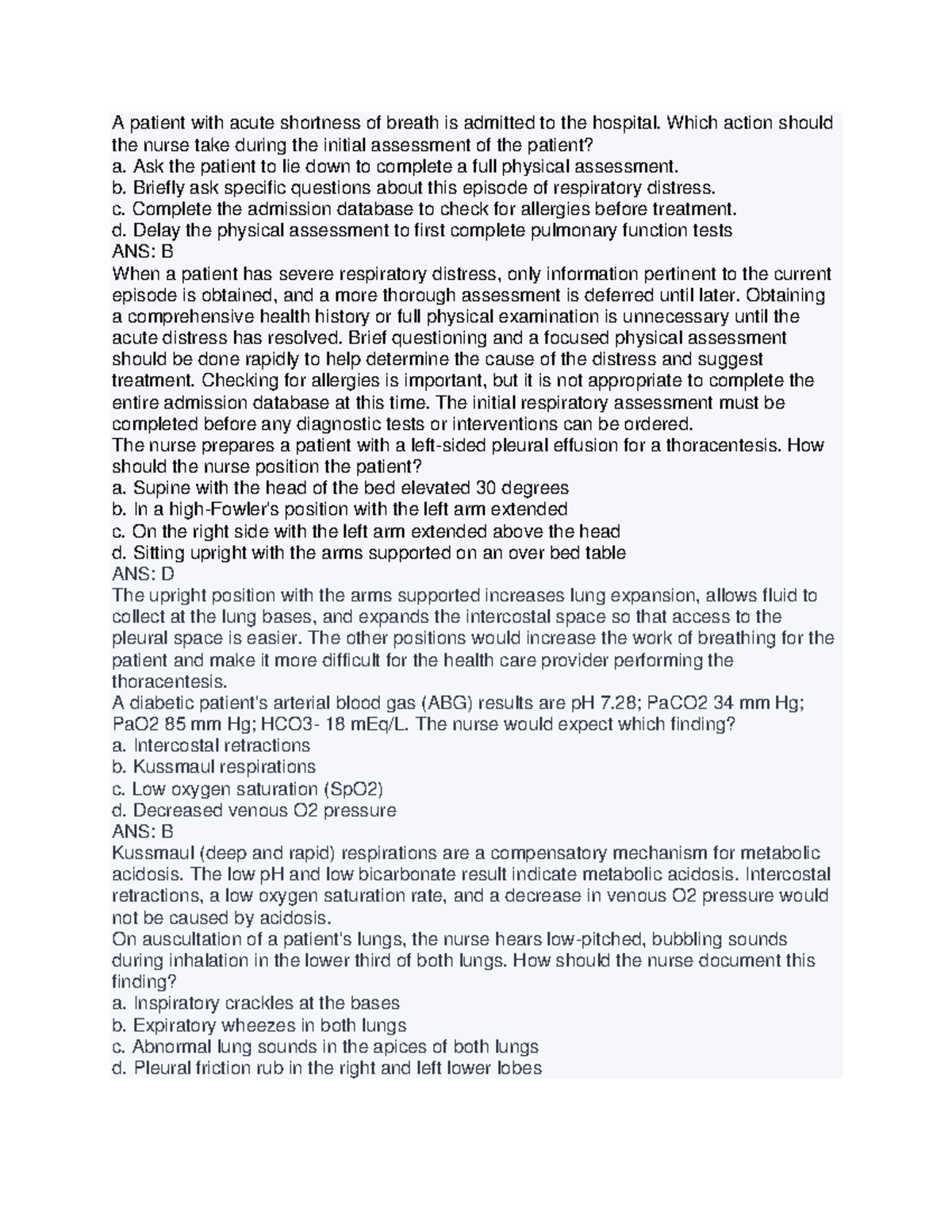 MED-SURG 1 NCLEX Practice Questions for Acute Respiratory Care - Studocu