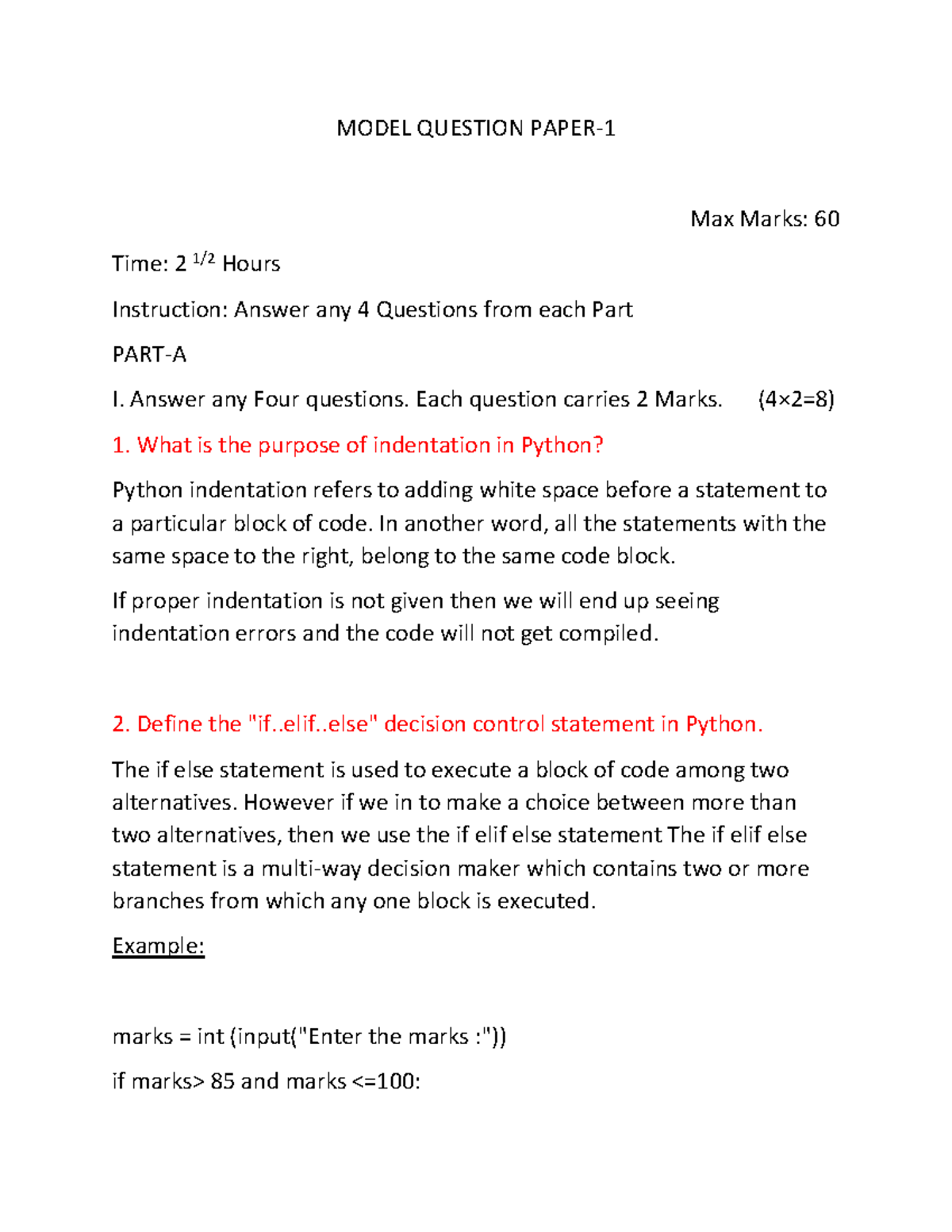 Python Model Paper-01: Comprehensive Question Set for Practice - Studocu