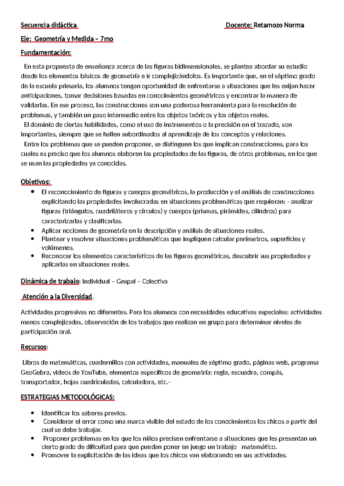 Secuencia Didáctica de Matemática: Geometría 7mo Grado - Document Preview
