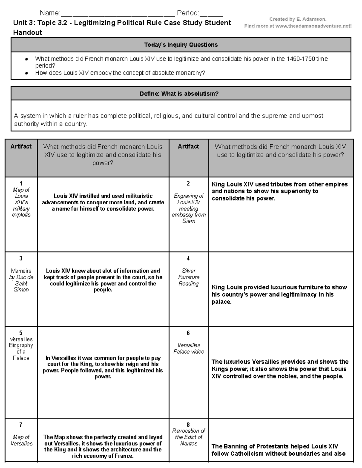 Unit 3: Legitimizing Political Rule - Louis XIV Case Study Handout ...