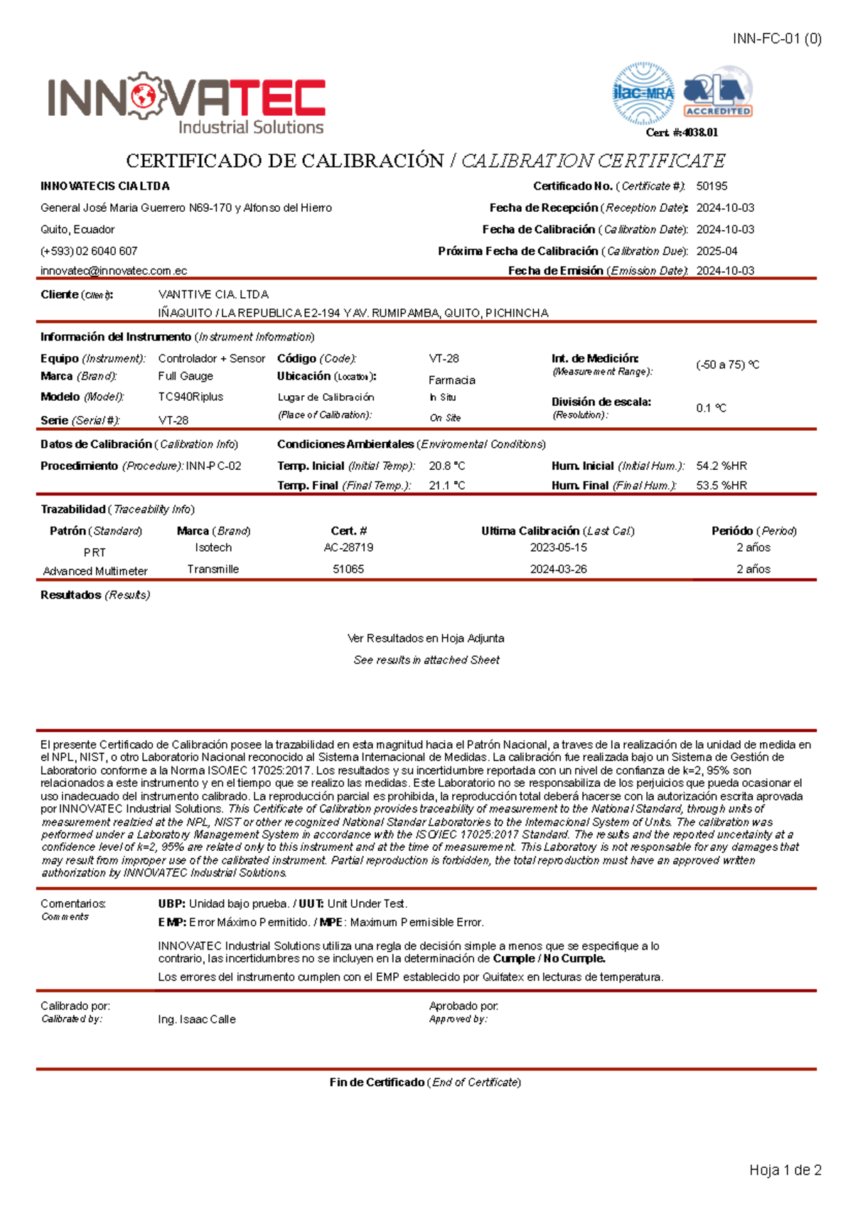 50195 - CC - Controlador de temperatura (VT-28) - INN-FC-01 (0) Hoja 1 ...