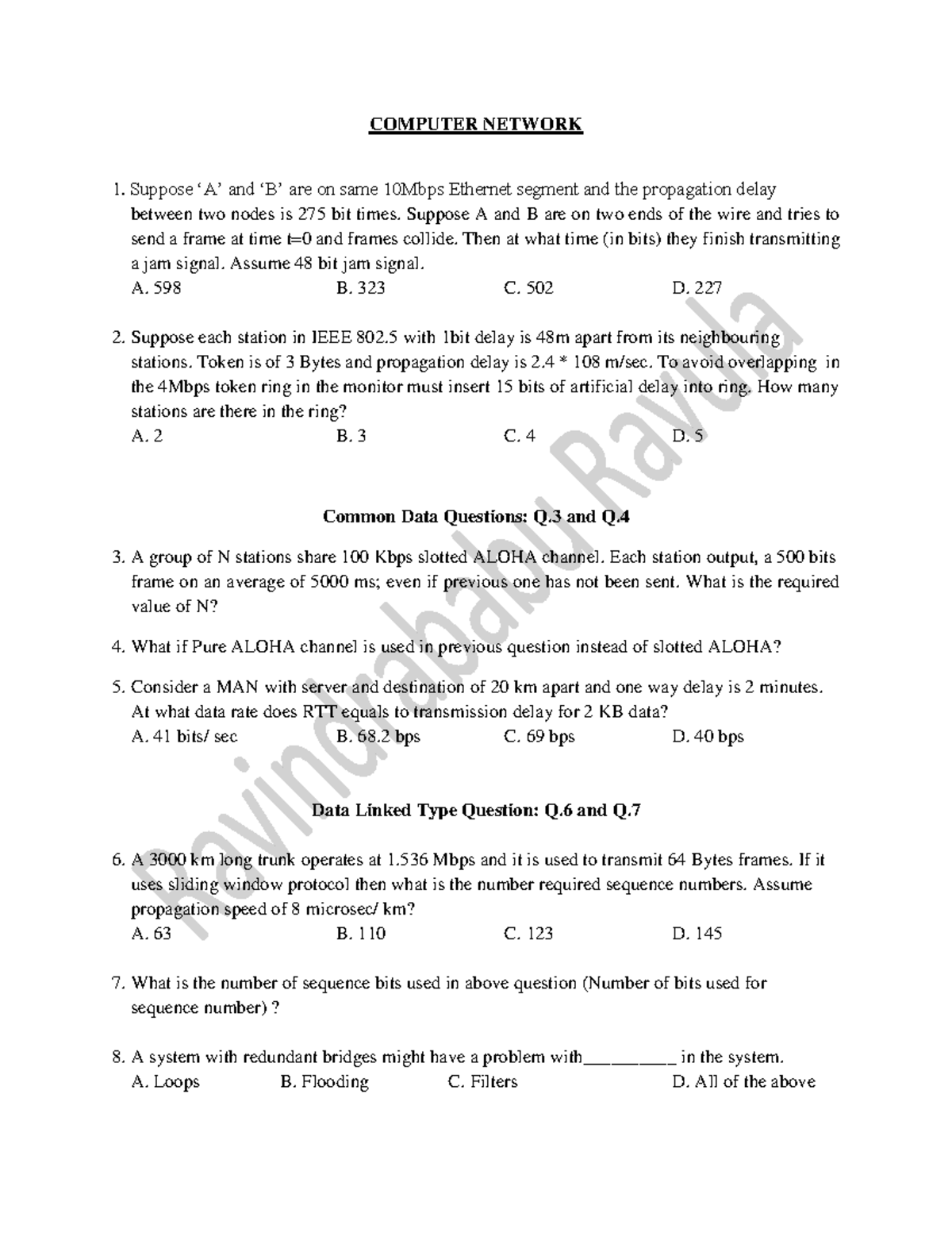 CN Practice Questions Set 3: Computer Networks Concepts & Problems ...