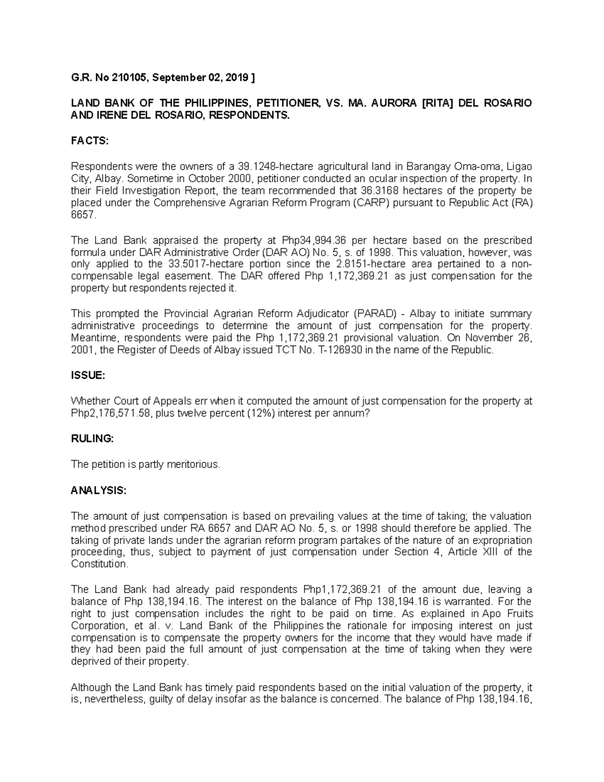 Land Bank of the Philippines v. Del Rosario, G.R. No. 210105 Case ...