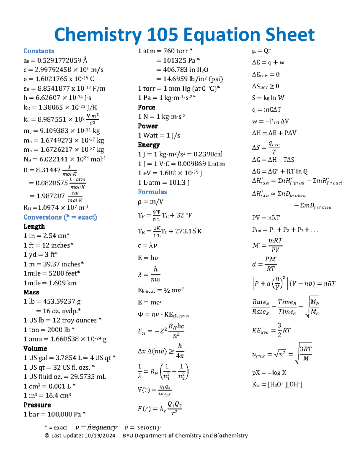 Chem 105 Equation Sheet and Constants Guide 2024 - Studocu