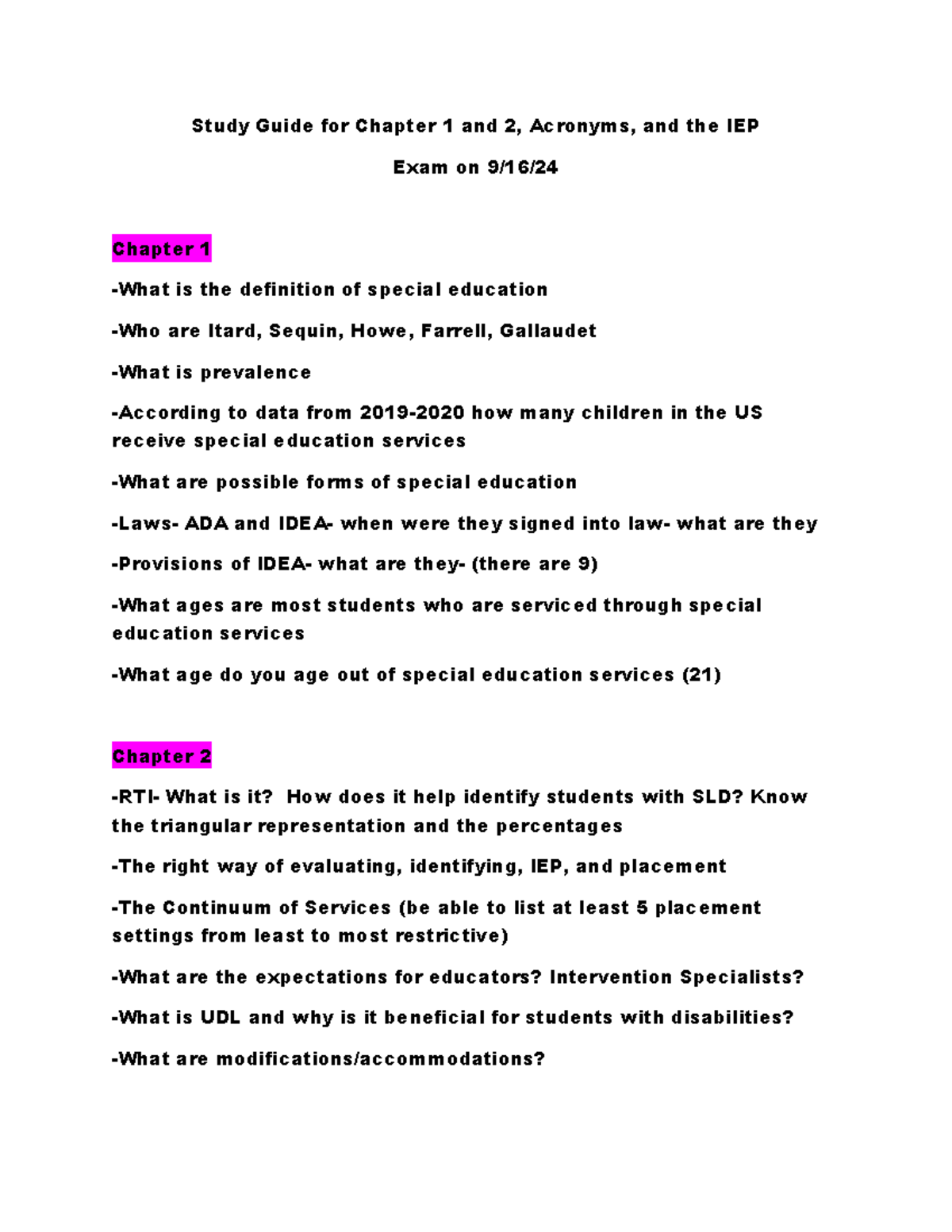 Study Guide for SPED 101: Chapters 1-2, Acronyms & IEP Overview - Studocu