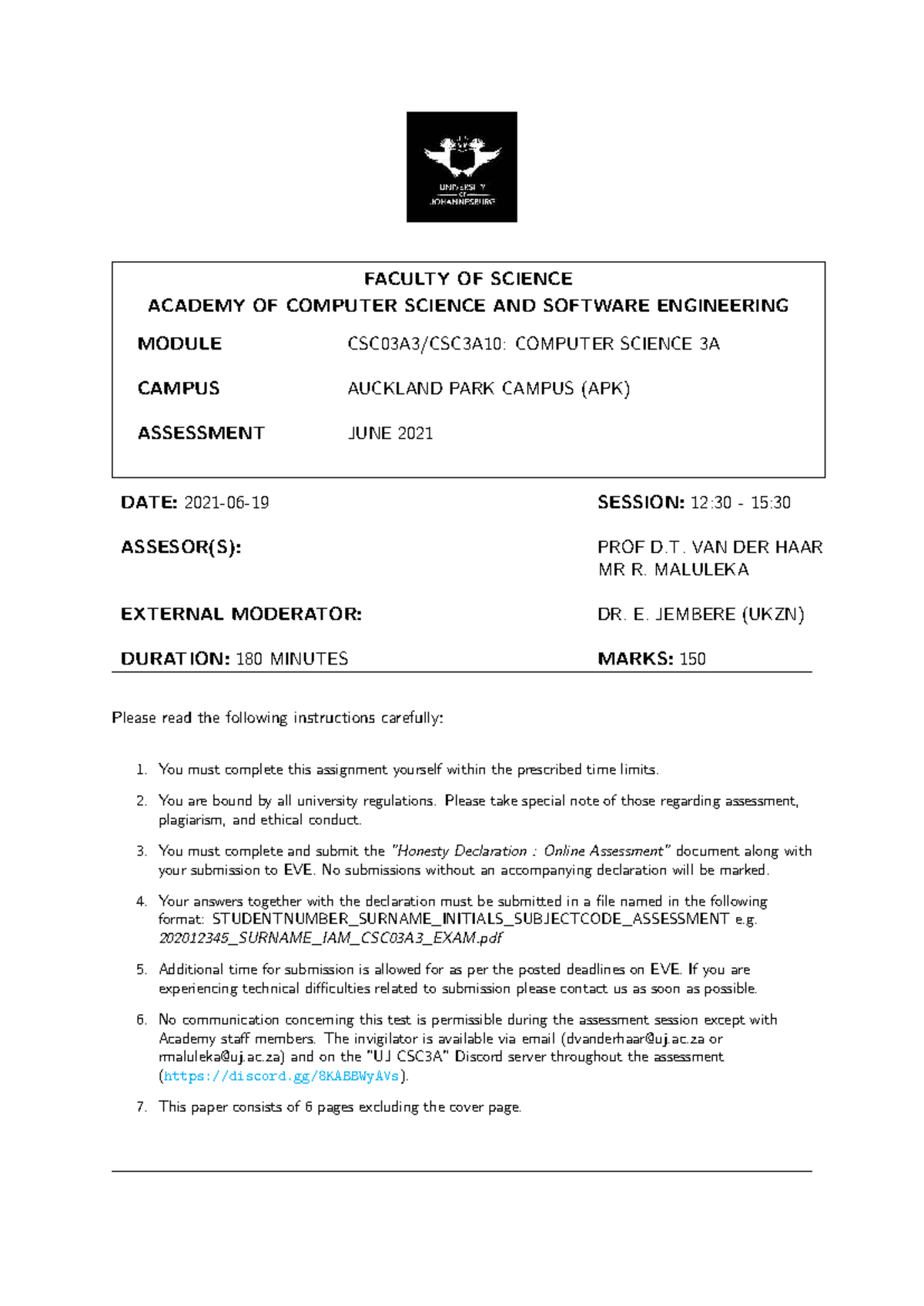 Computer Science 3A June 2021 Exam - ACSSE CSC03A3 - Studocu