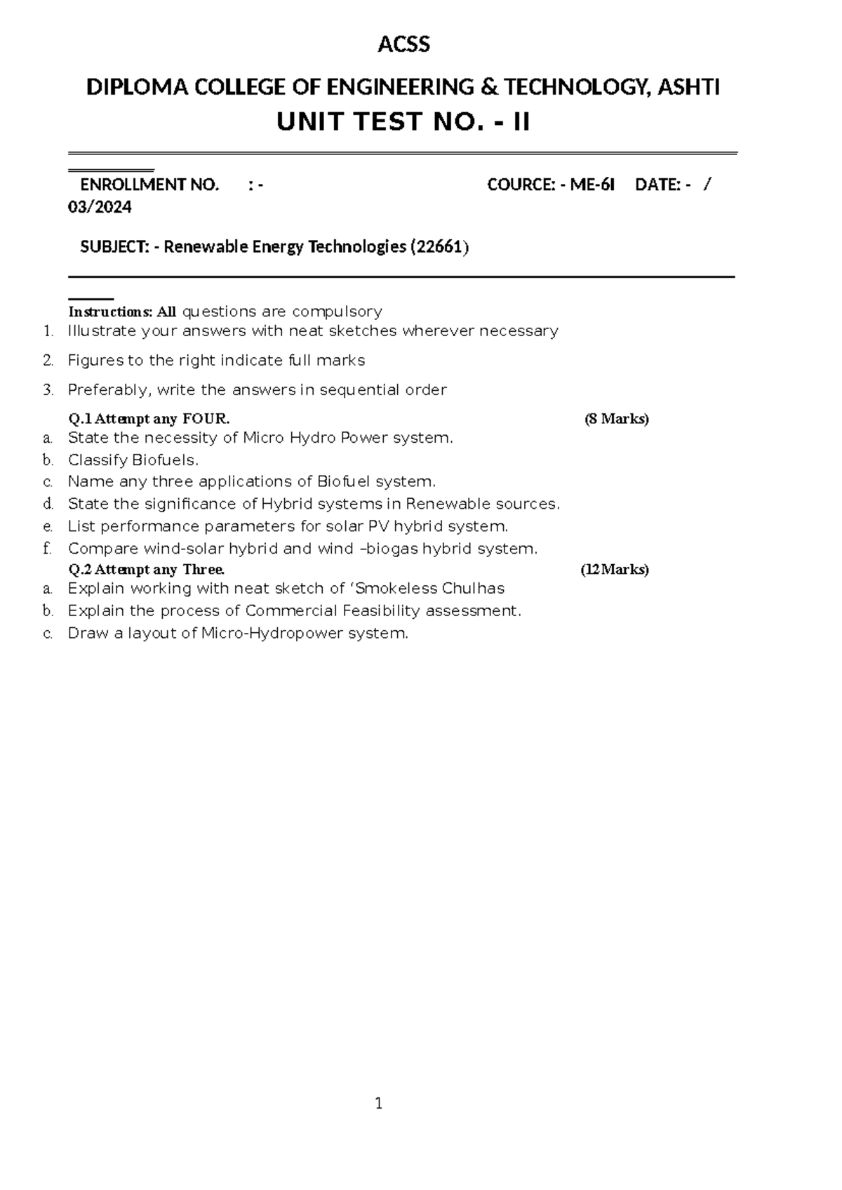 RET TEST 2 - MSBTE UNIT TEST SAMPLE PAPER - ACSS DIPLOMA COLLEGE OF ...