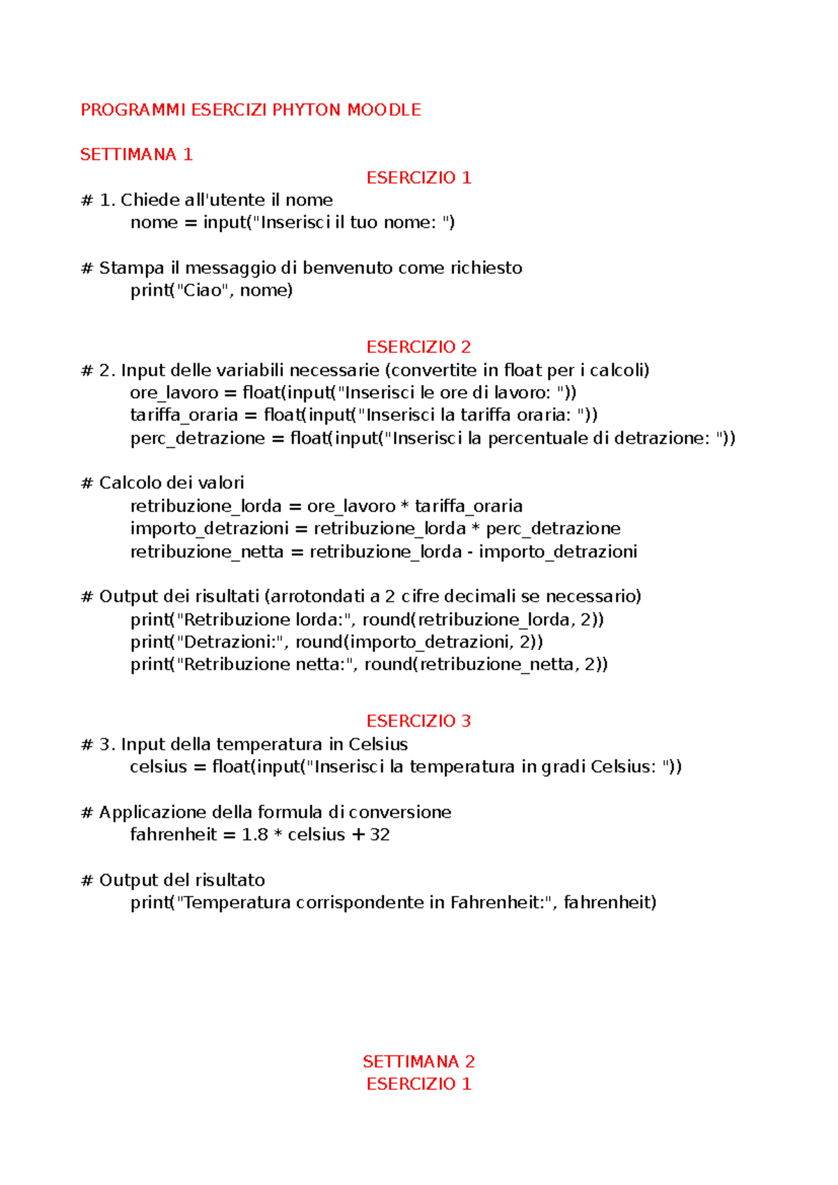 Esercizi di Programmazione in Python - Settimana 1 e 2 - Studocu