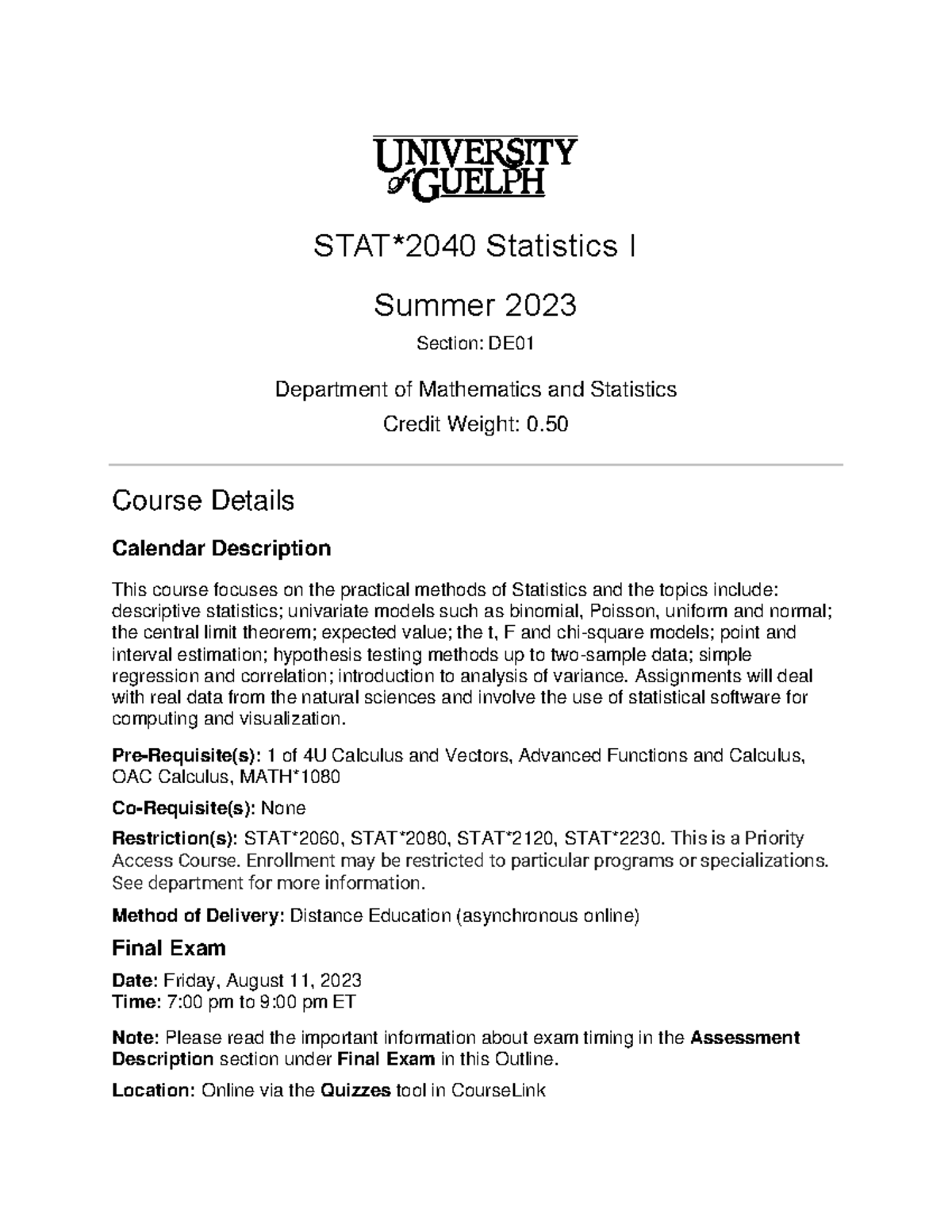 Outline for STAT*2040 DE Final Exam - Summer 2023 Preparation - Studocu