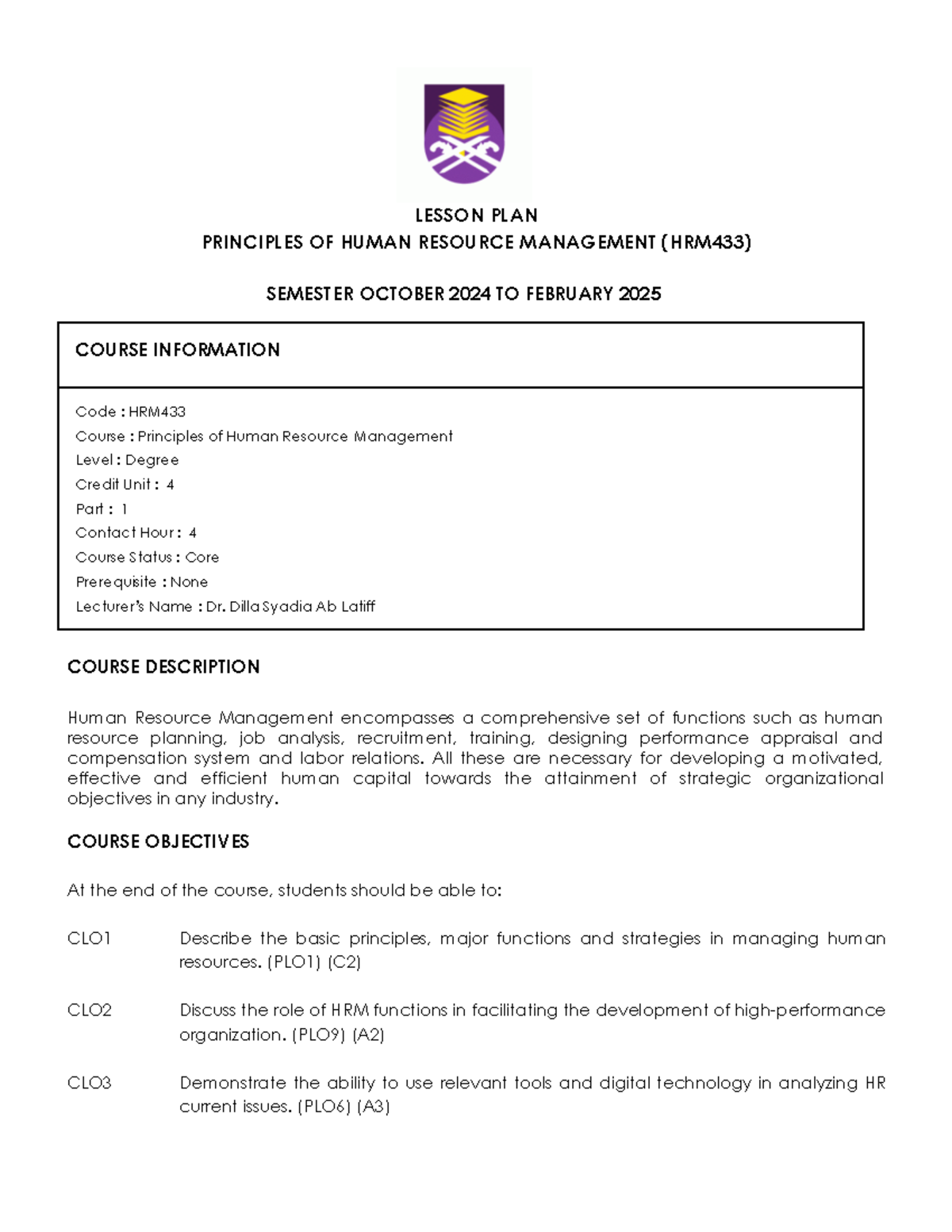 HRM433 - Lesson Plan for Principles of Human Resource Management (Oct ...