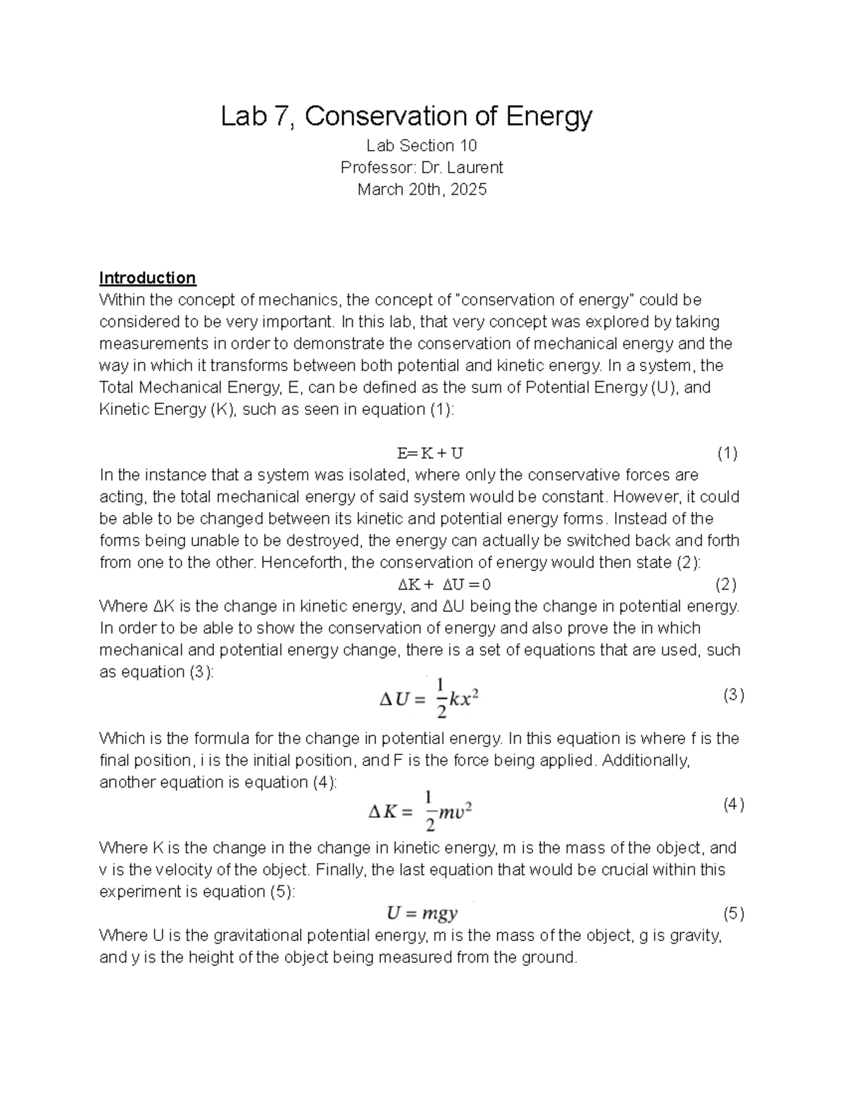 Lab 7: Conservation of energy experiment for PHYS 123 - Studocu