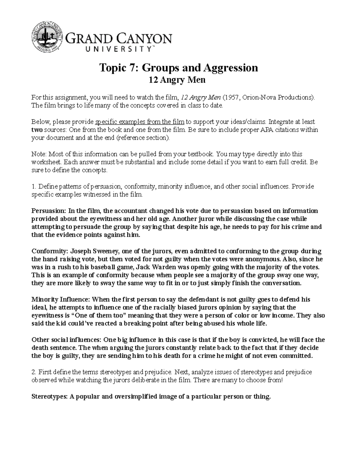 PSY362 Topic 7 12 Angry Men Assignment - Topic 7: Groups and Aggression ...