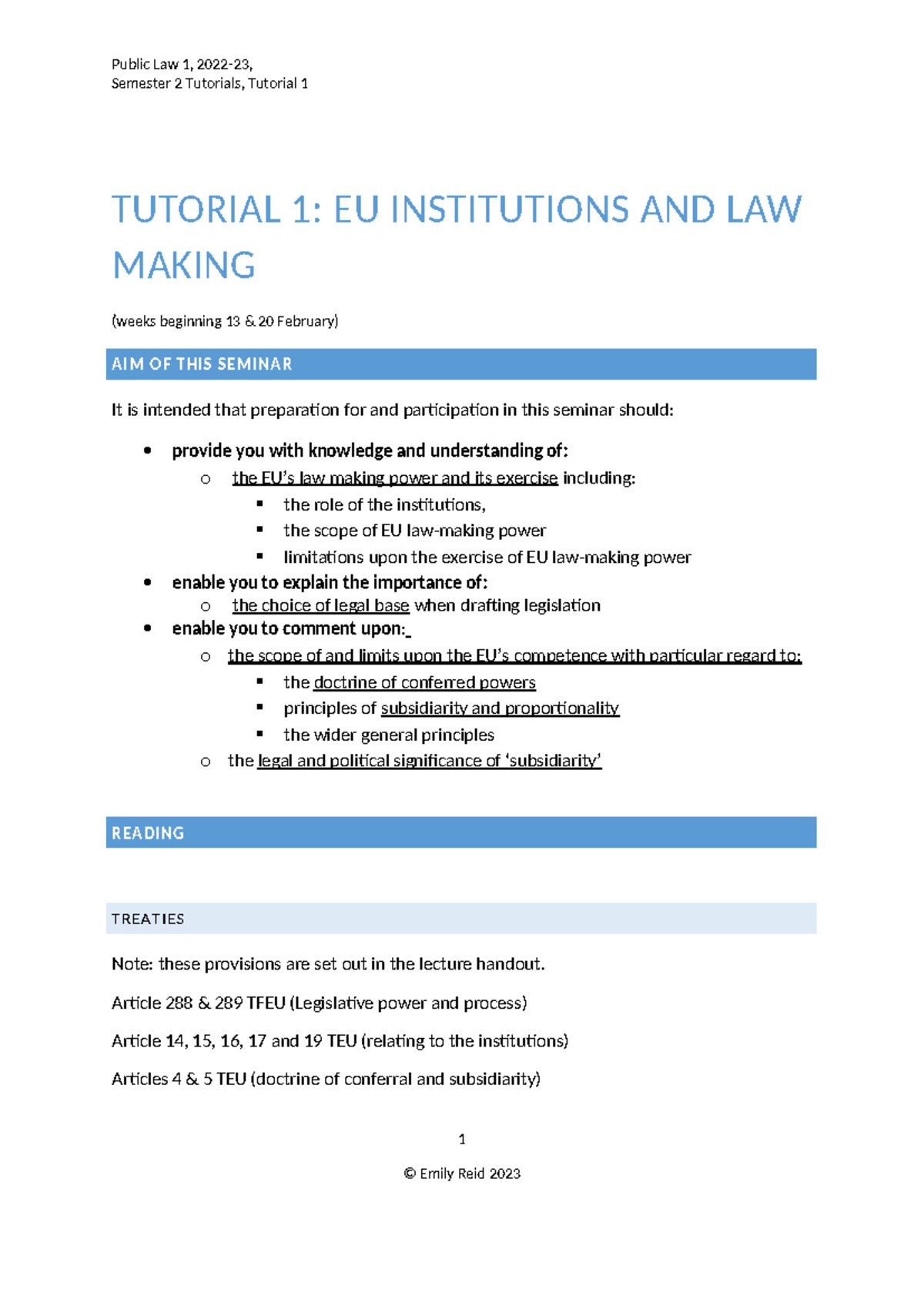 Public Law 1, Semester 2: Tutorial 1 on EU Institutions & Law-Making ...