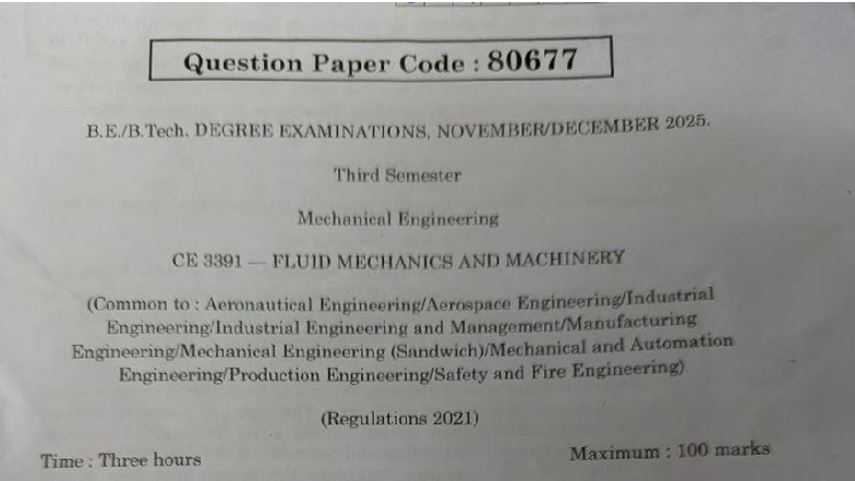 CE 3391 Fluid Mechanics & Machinery Exam Questions - Nov Dec 2025 - Studocu