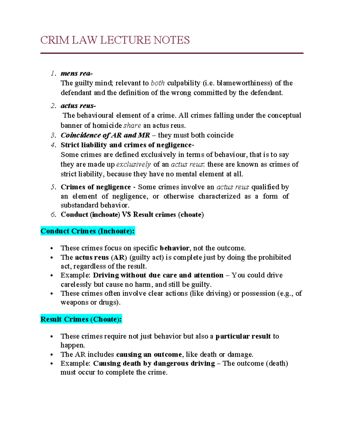 CRIM LAW LECTURE NOTES: Understanding Mens Rea and Actus Reus - Studocu