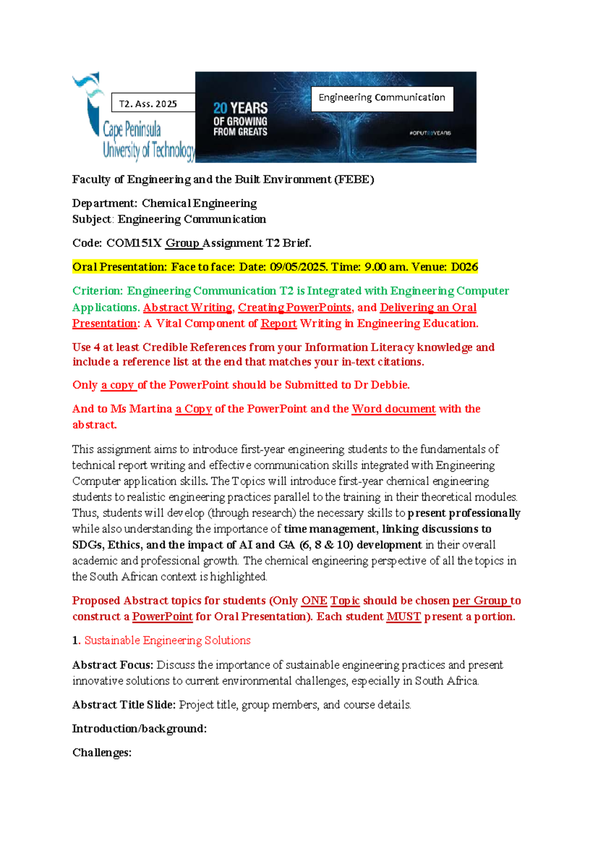 T2 2025 COM151X Engineering Communication Group Assignment Brief - Studocu