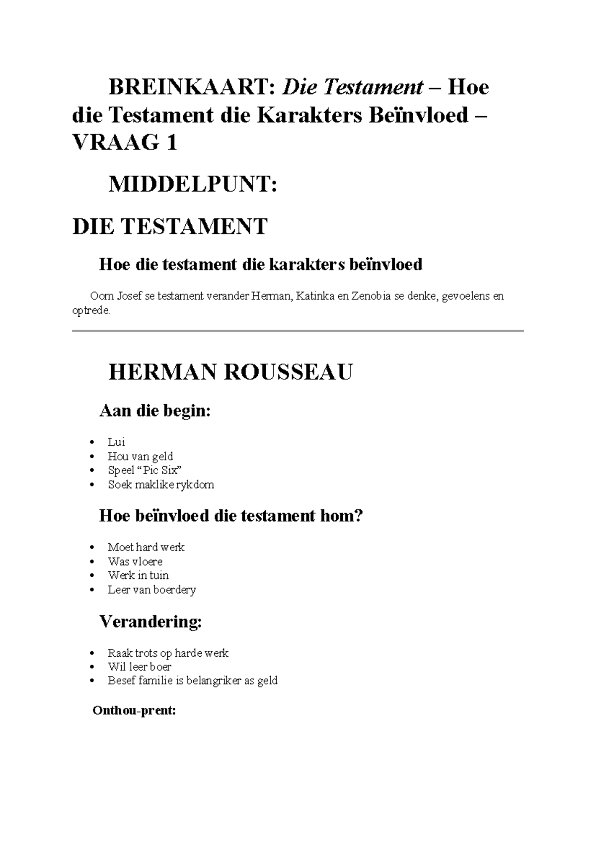 Die Testament - Vraag 1: Hoe die Testament Karakters Beïnvloed - Studocu