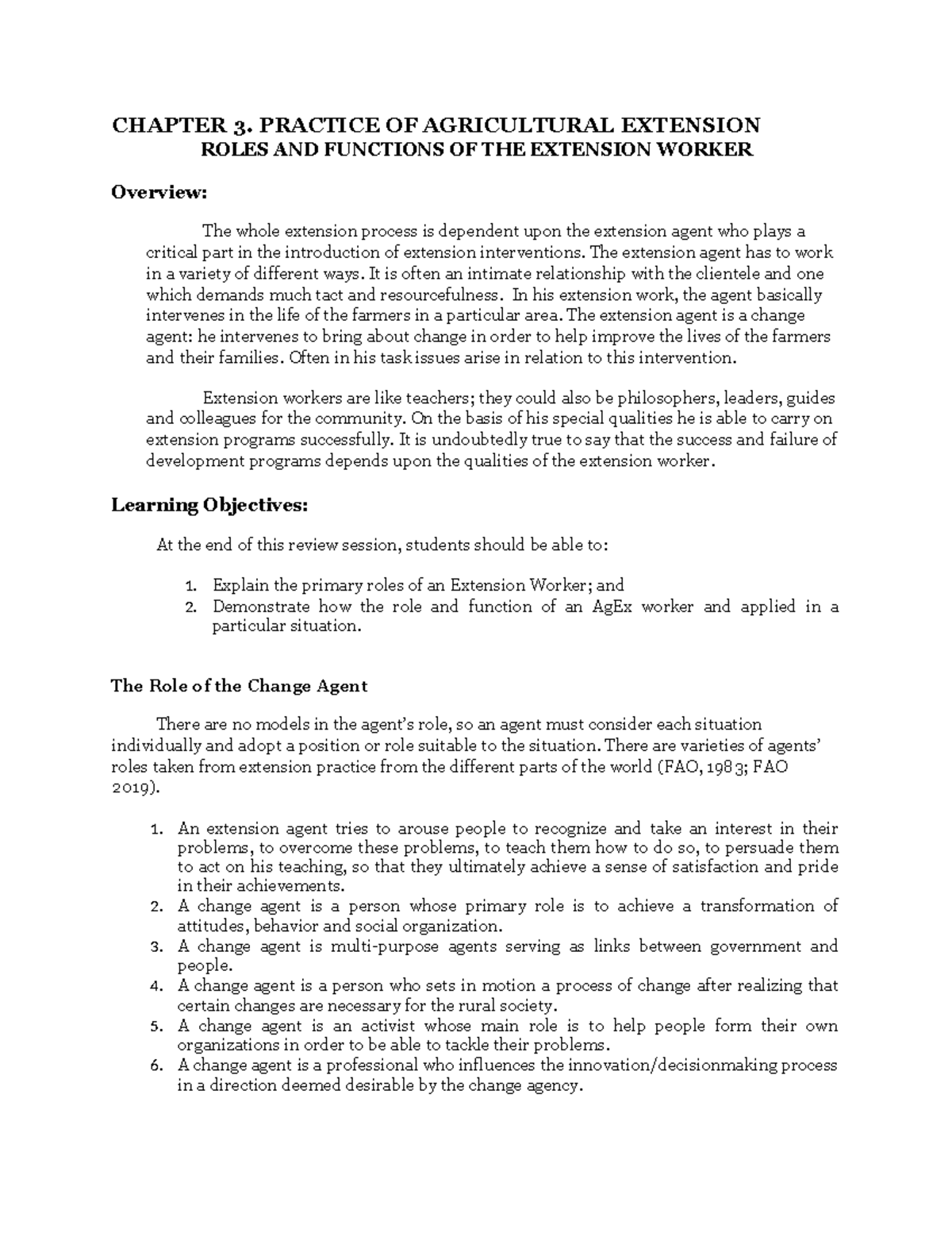 Ag Ed101: Chapter 3 - Roles & Functions of Extension Workers - Studocu