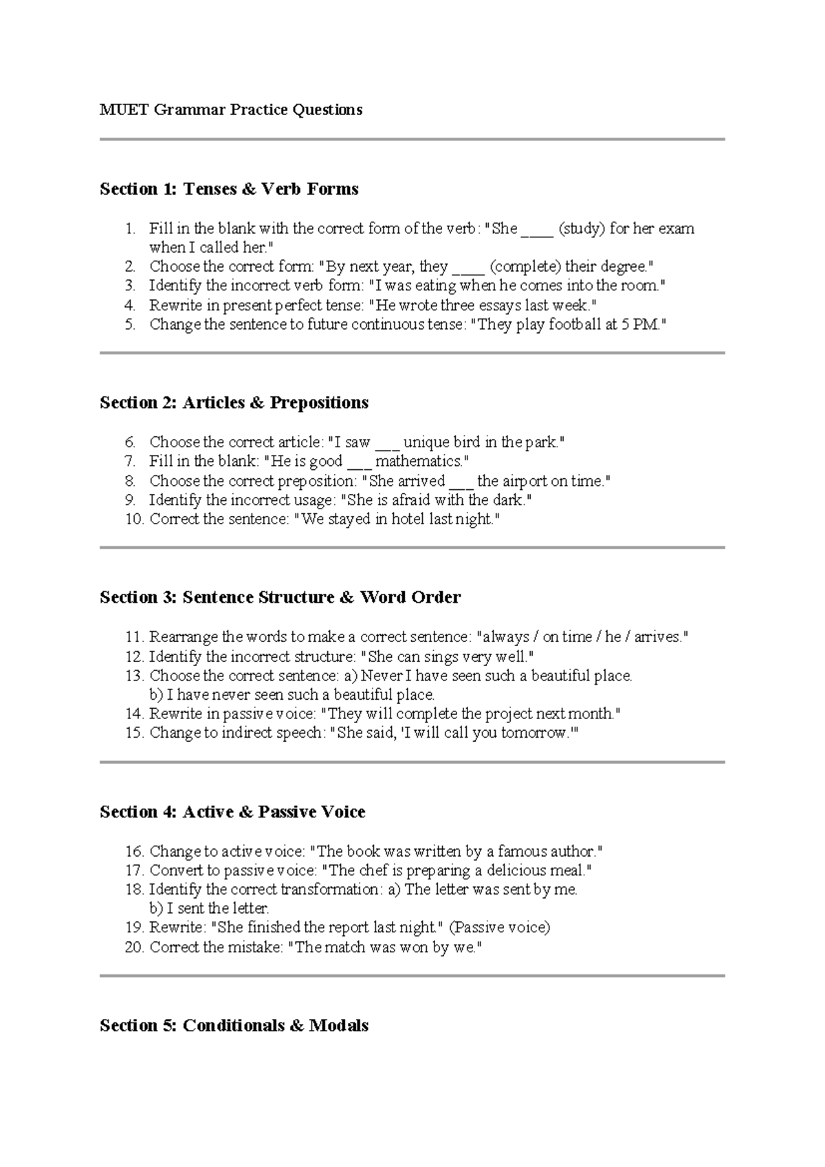 MUET Grammar Practice Questions: Tenses, Articles, and Structures - Studocu