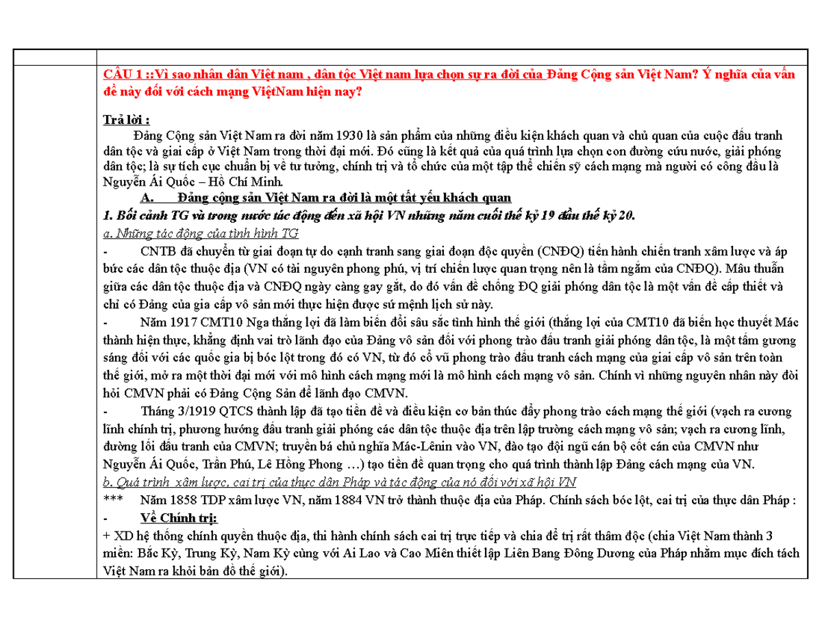 Đáp án chi tiết cho câu hỏi Đề cương Môn Lịch sử Đảng Cộng sản Việt Nam - Document Preview