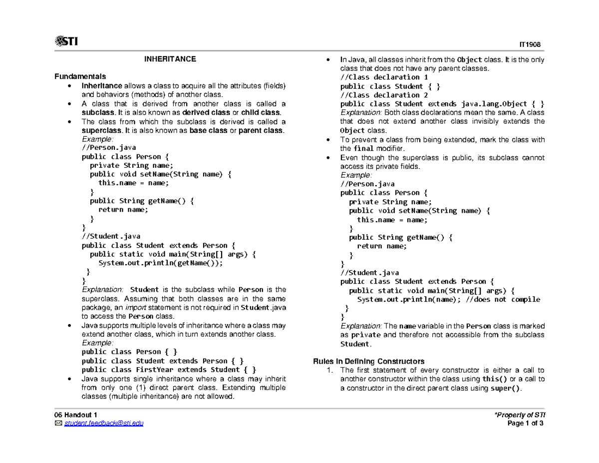 06 Handout: OOP Concepts of Inheritance in Java - Studocu
