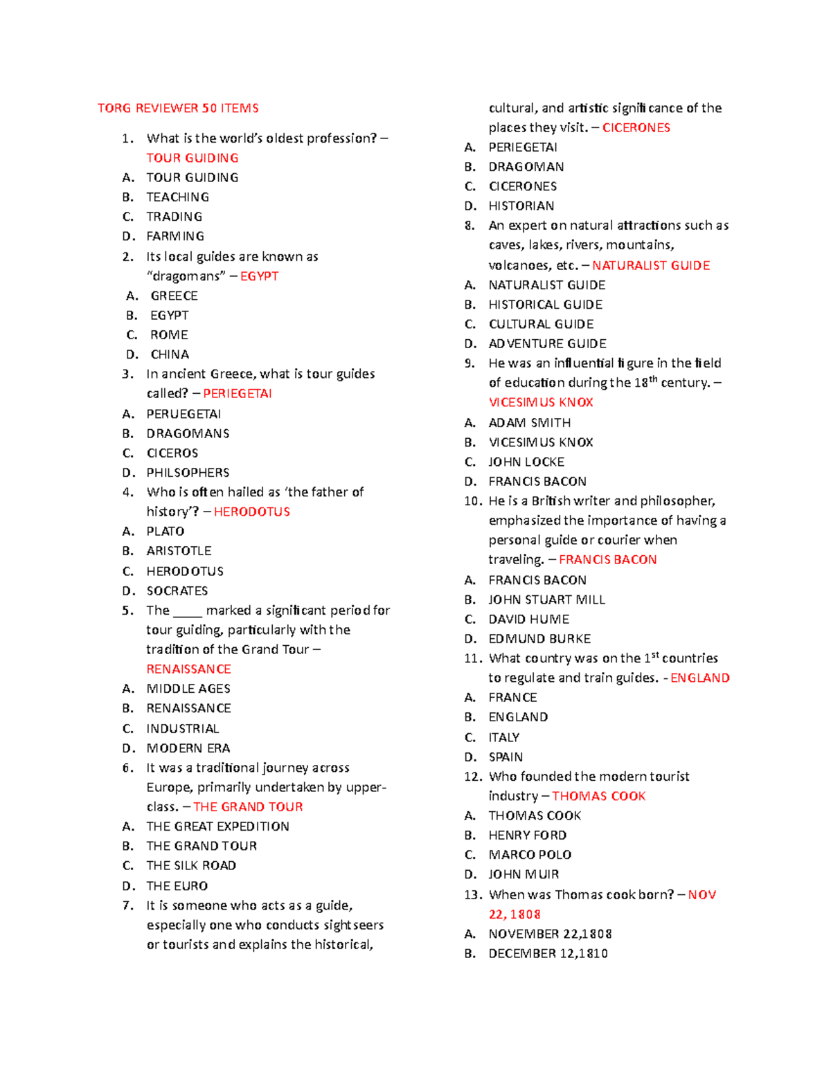 TORG 50-ITEM REVIEWER: TOUR GUIDING ESSENTIALS - Studocu