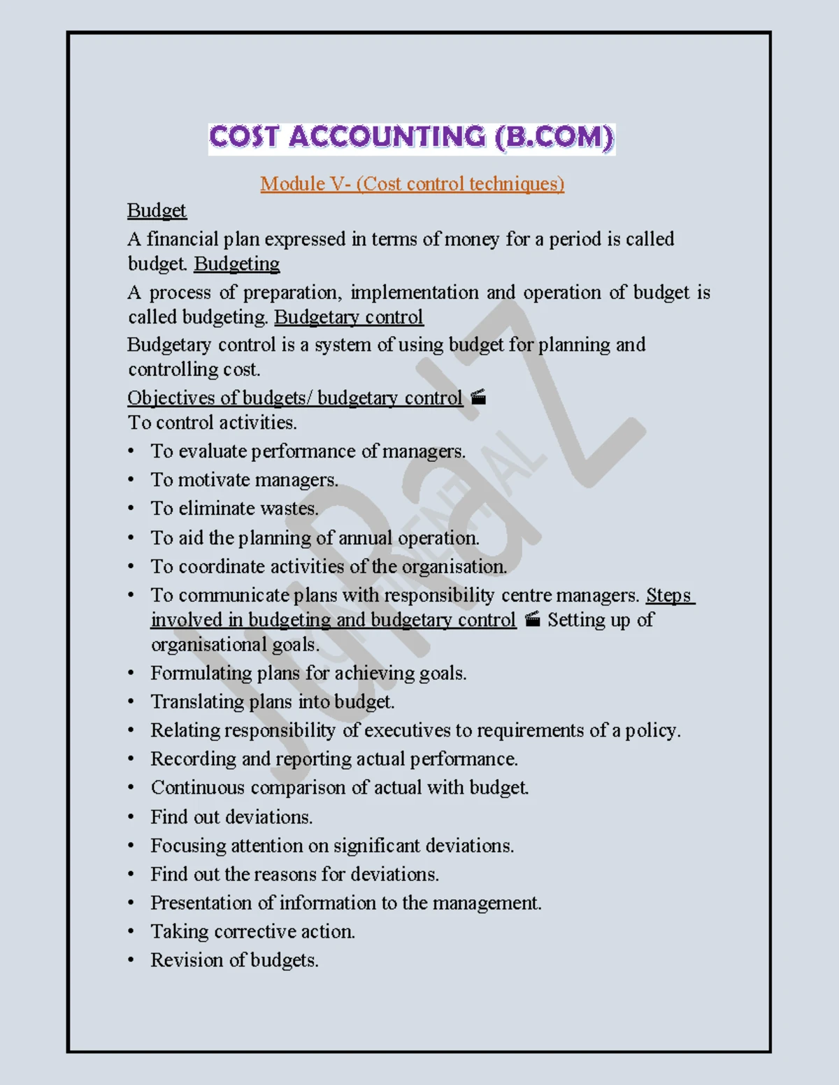 COST 101: Short Notes on Cost Accounting Module I - Introduction - Studocu
