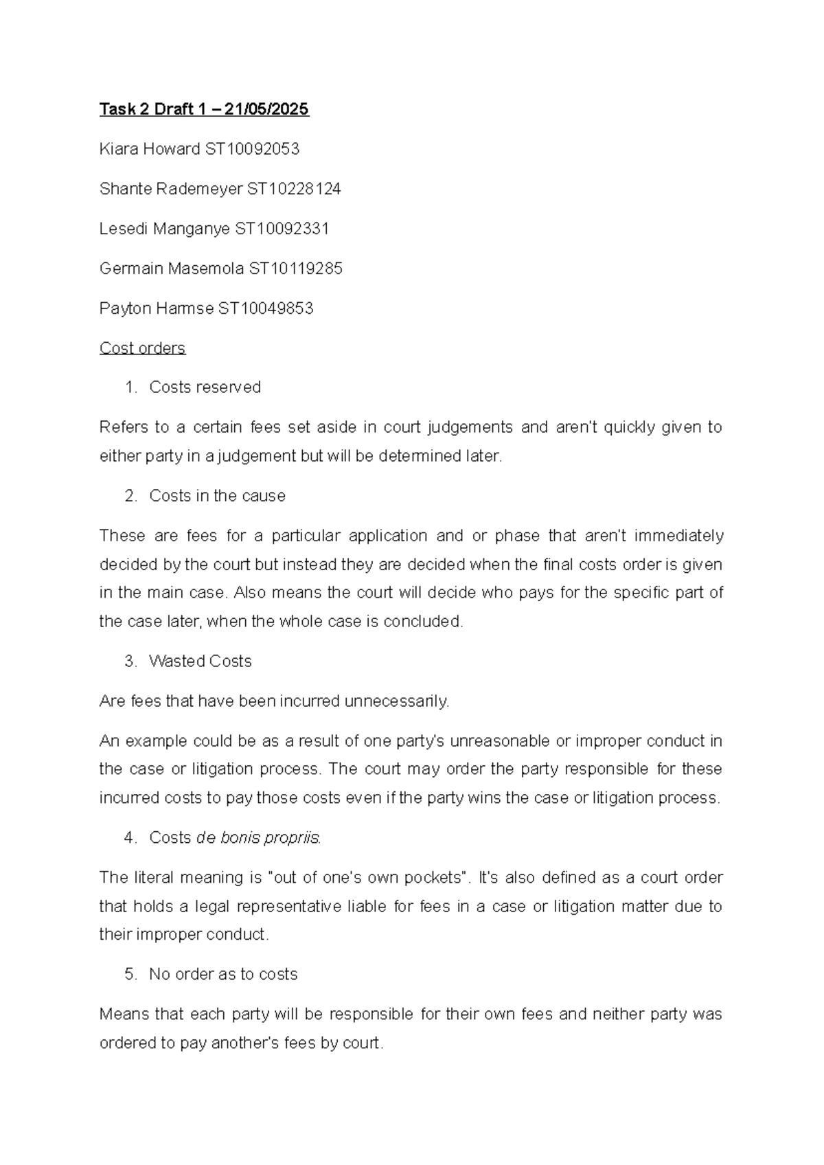 Group 1 Task 2 Draft 1 - Legal Costs and Mediation Concepts - Studocu