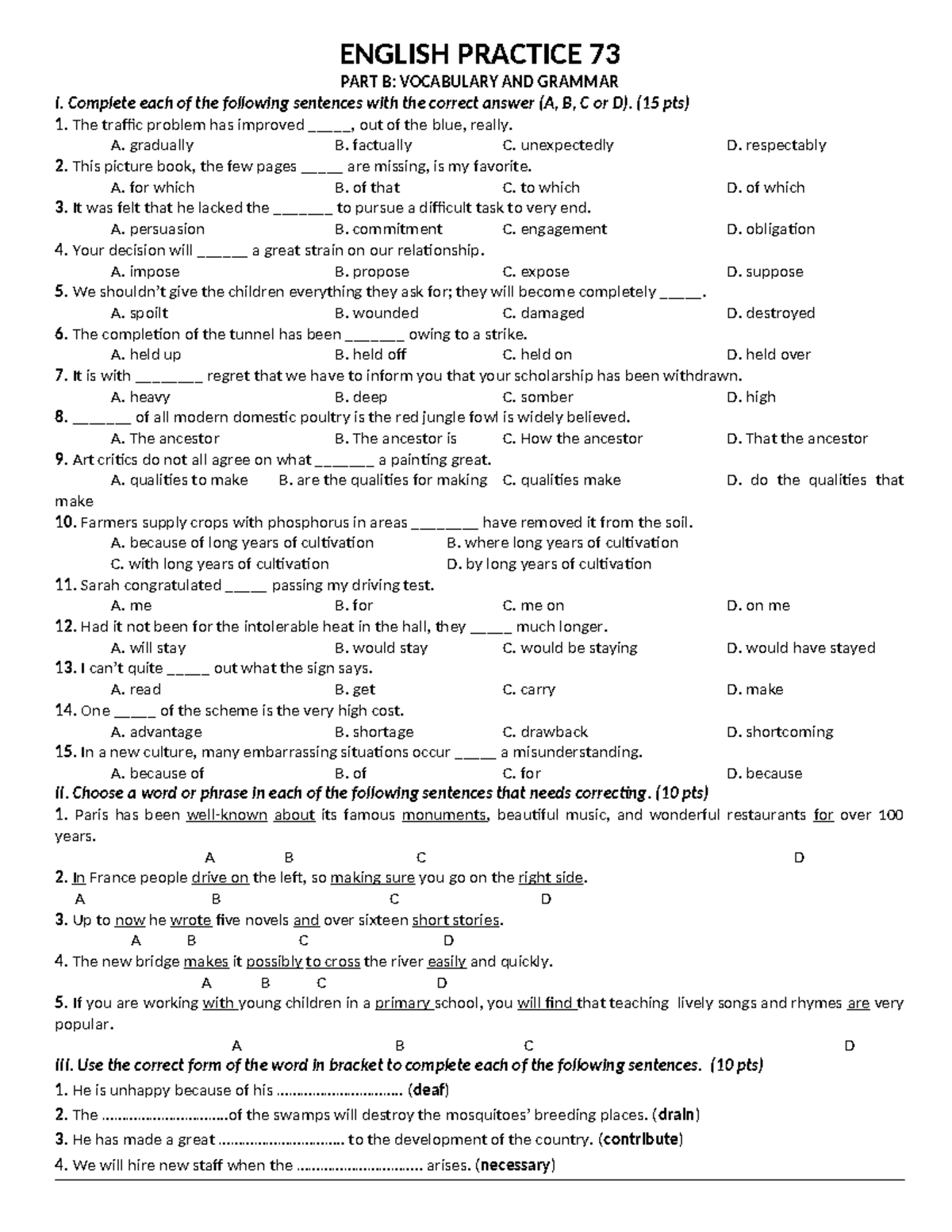ĐỀ 73 - ENGLISH PRACTICE: VOCABULARY & GRAMMAR EXERCISES - Studocu