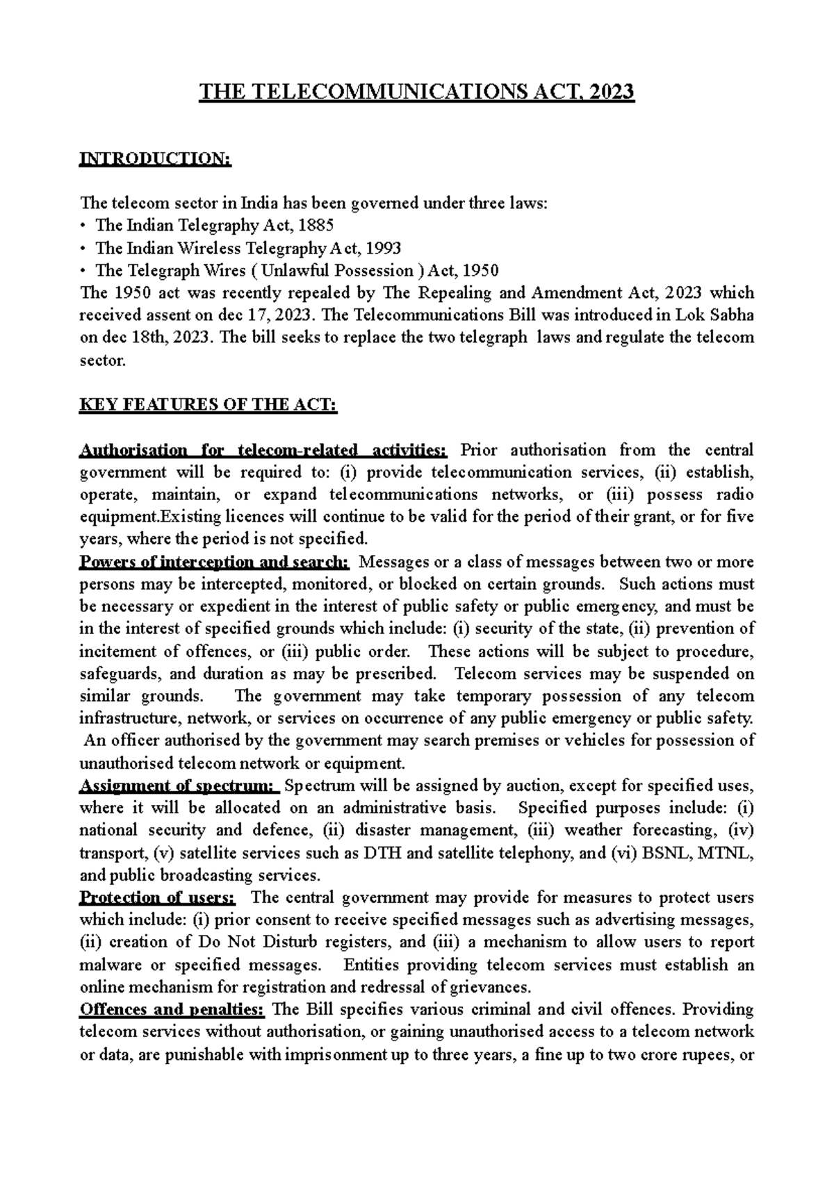 Tte23 - notes - THE TELECOMMUNICATIONS ACT, 2023 INTRODUCTION: The ...