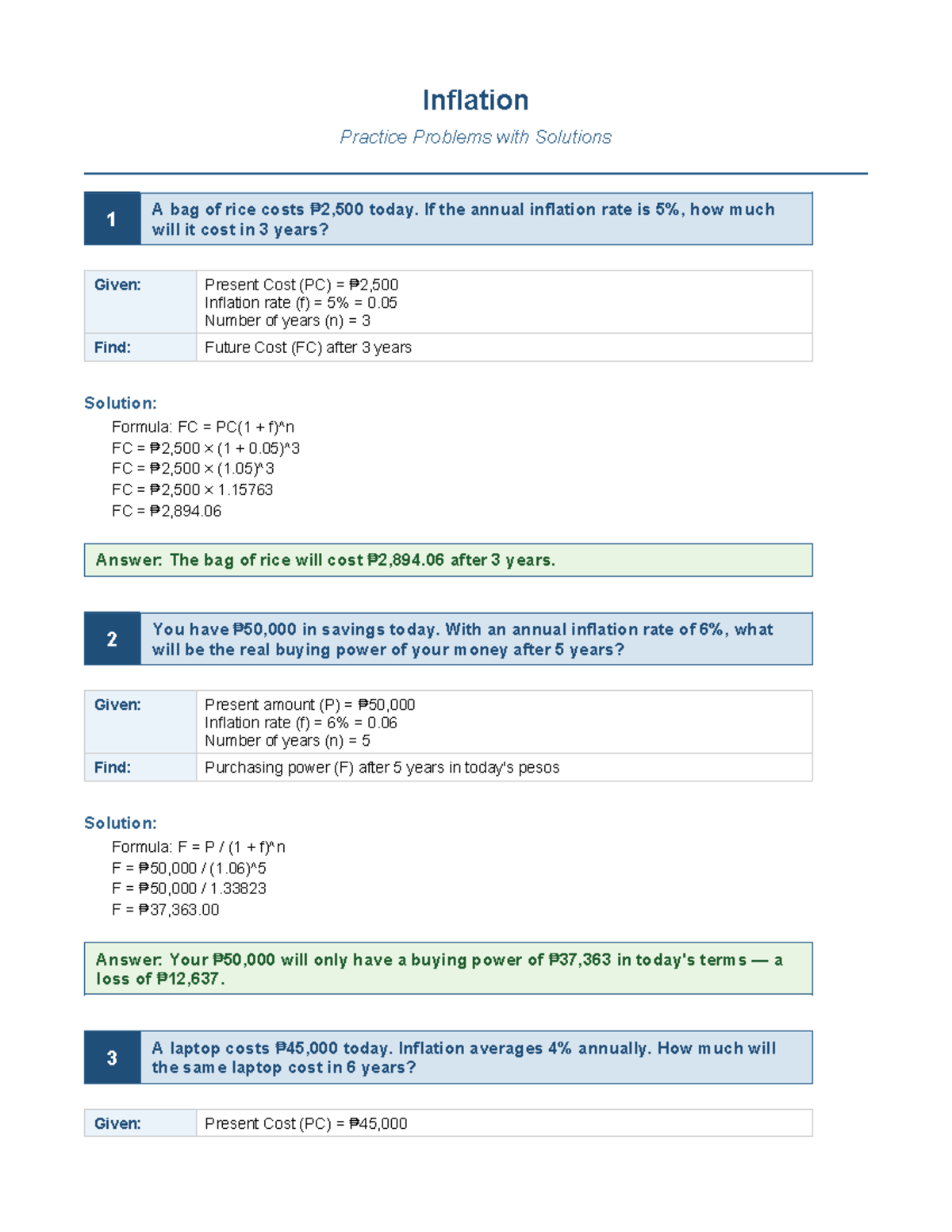 Inflation Practice Problems with Solutions: A Comprehensive Guide - Studocu