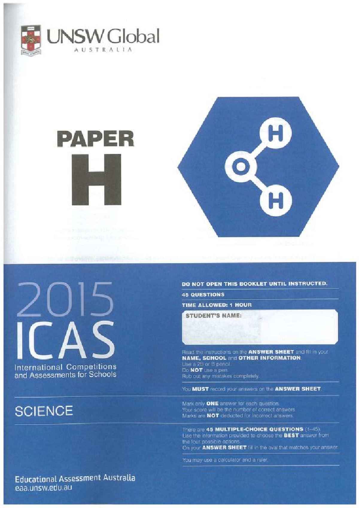 2015 ICAS Science Paper H - Comprehensive Exam Guide - Studocu