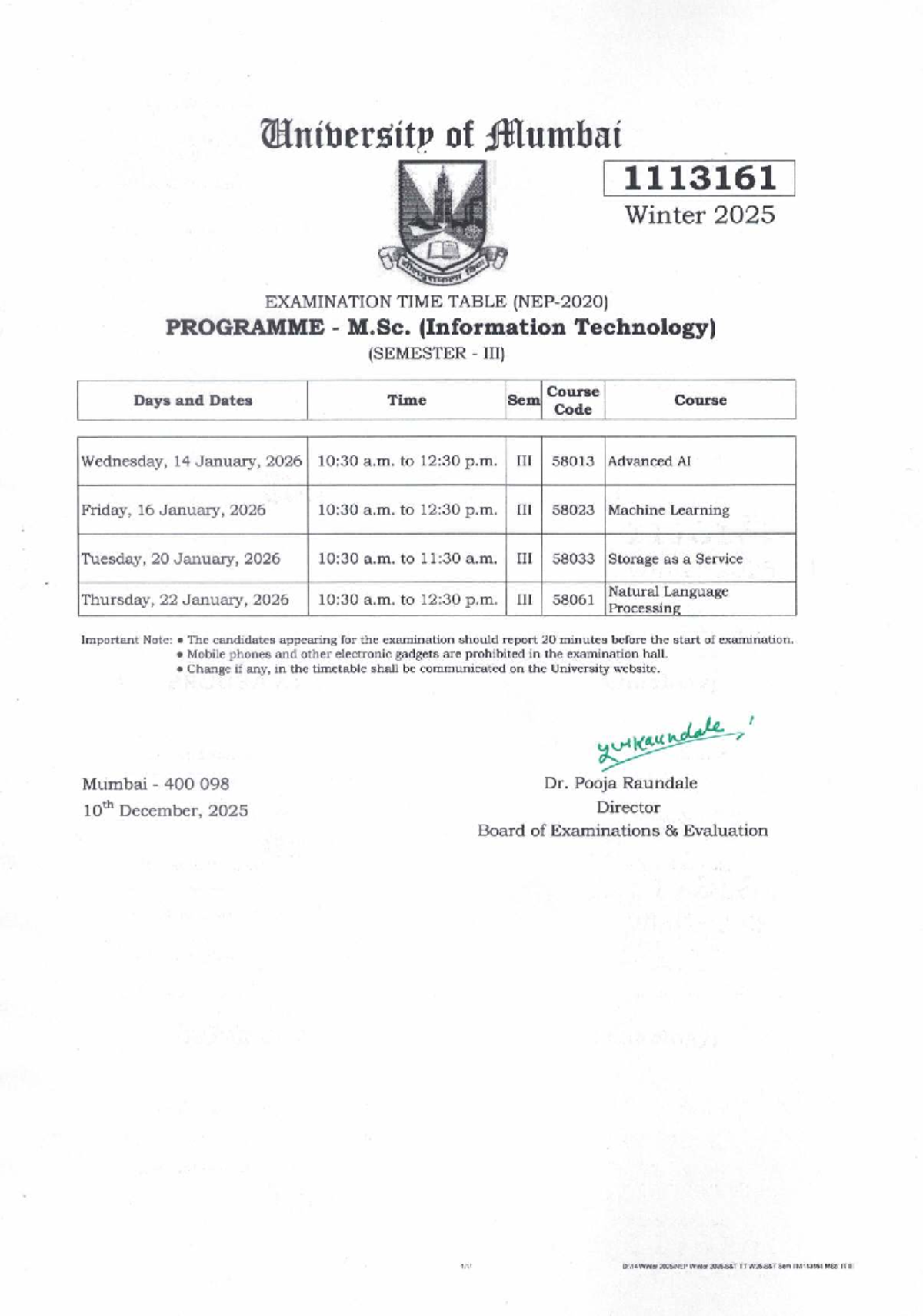 M.Sc. IT (Sem III) Winter 2025 Exam Time Table & Schedule - Studocu