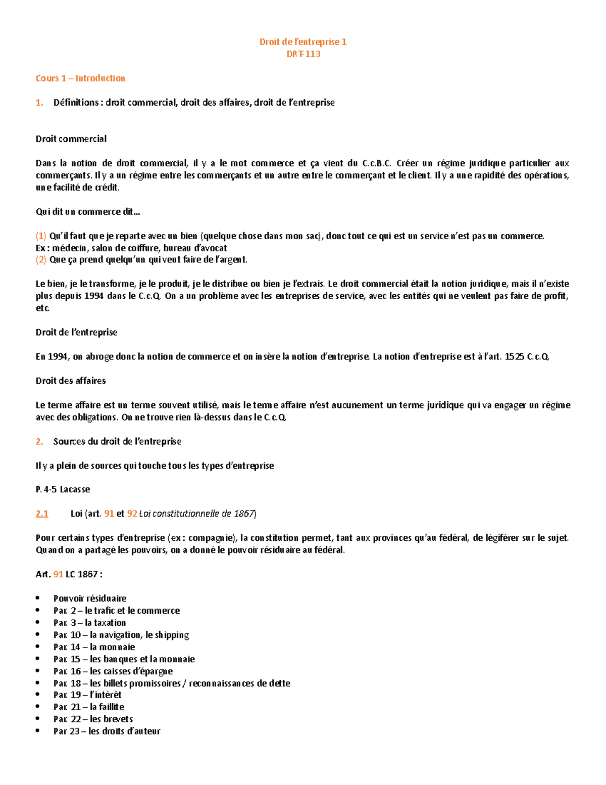 Cours 1 : Droit de l'Entreprise 1 - Concepts Fondamentaux et Sources ...